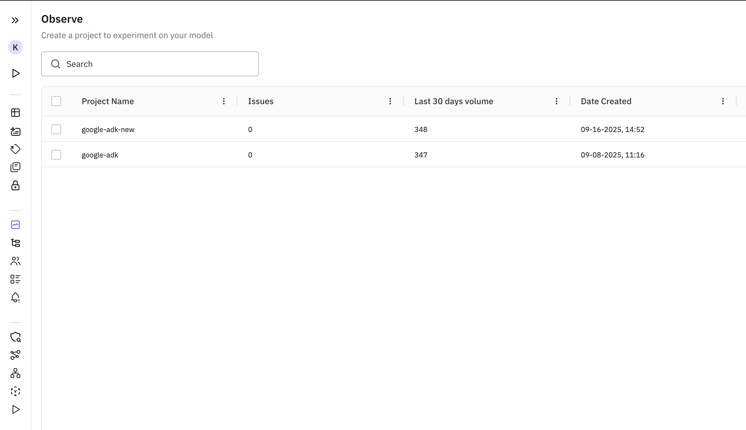 Observe project list