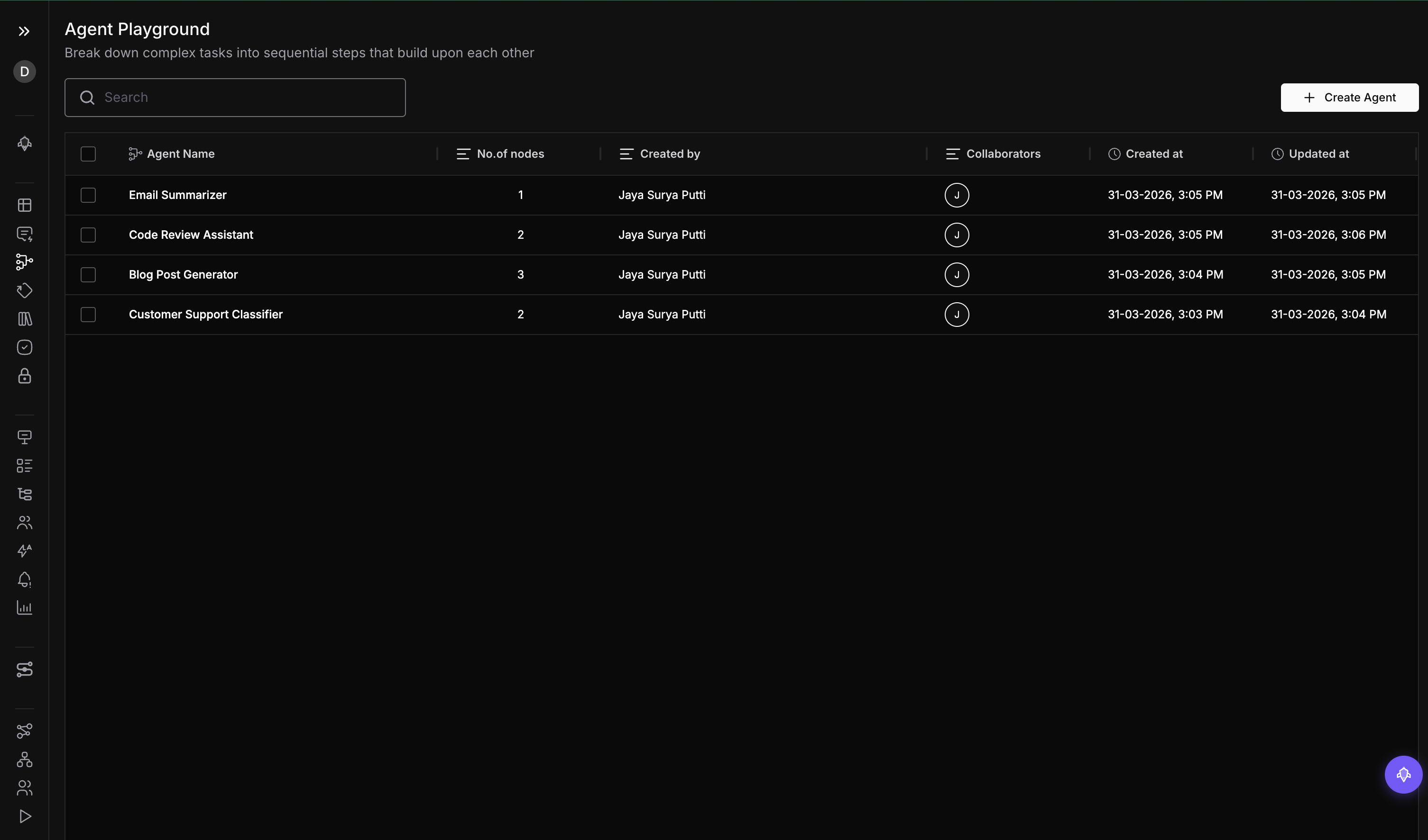 Agent list view showing existing graphs