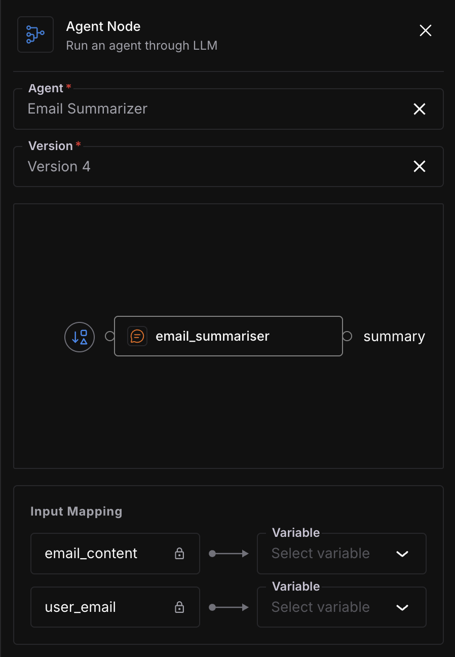 Agent node configuration showing agent selection, version, graph preview, and input mapping