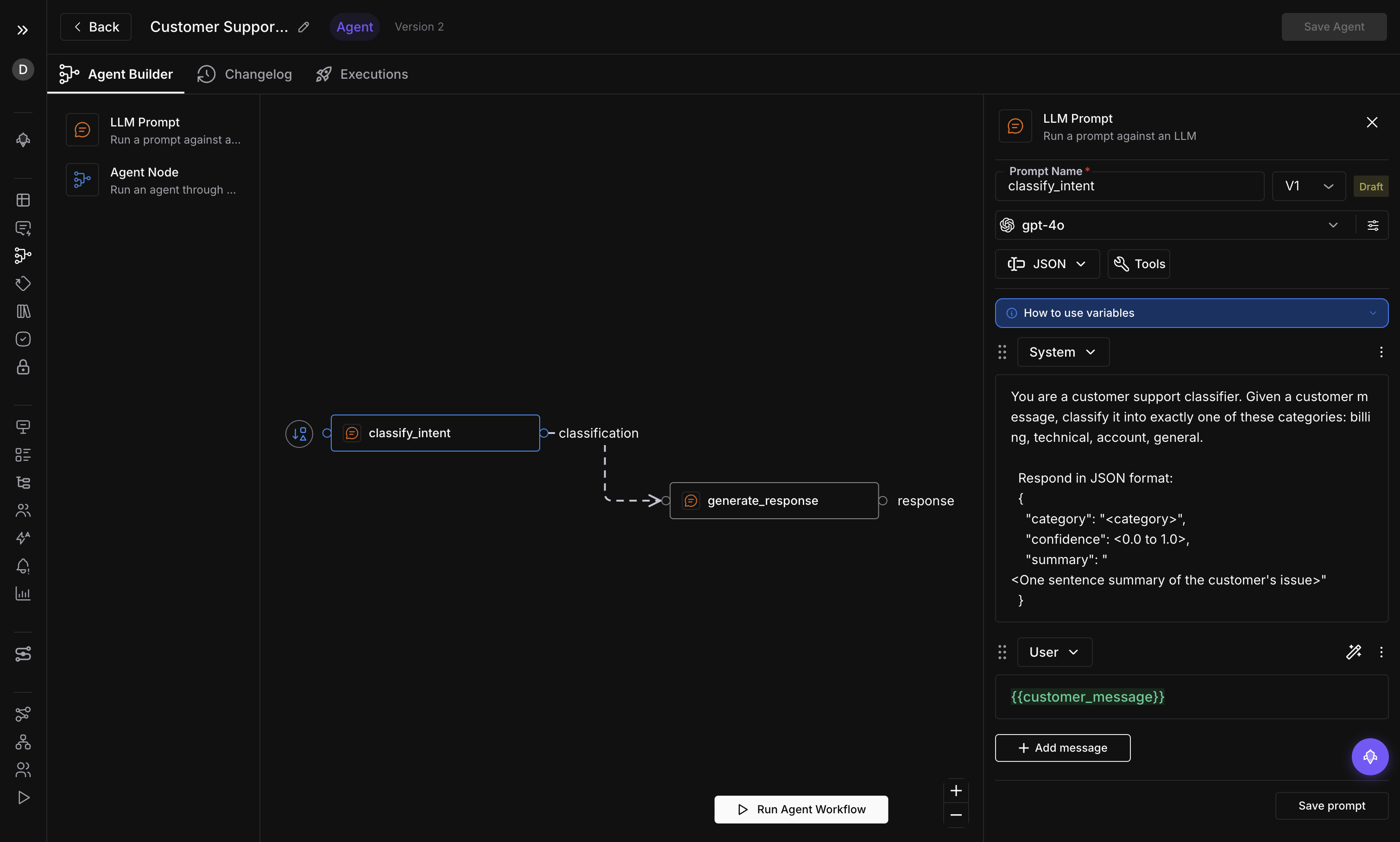 Agent Builder showing the full workspace with nodes, canvas, and configuration drawer