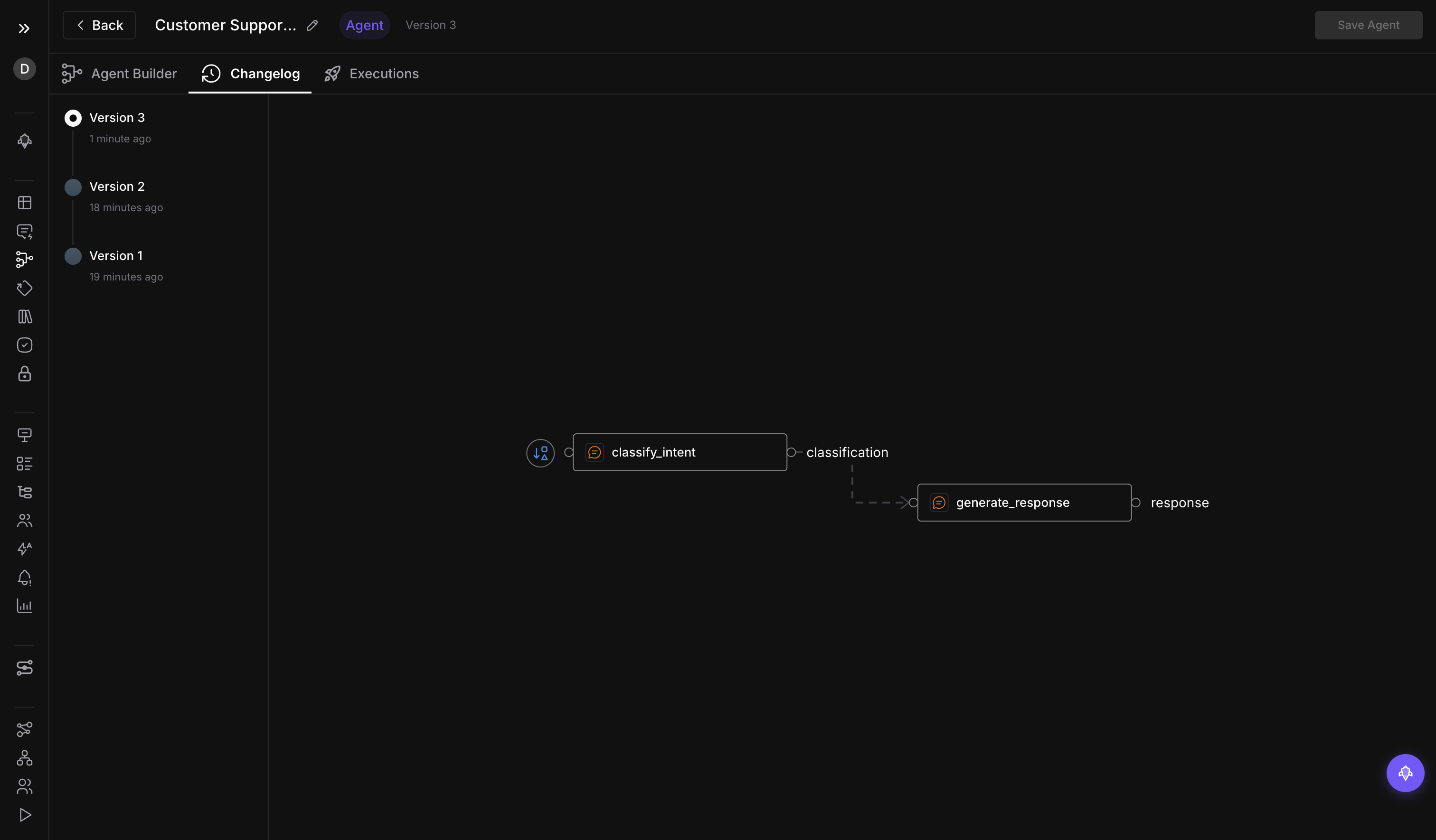 Changelog view with version list and graph preview