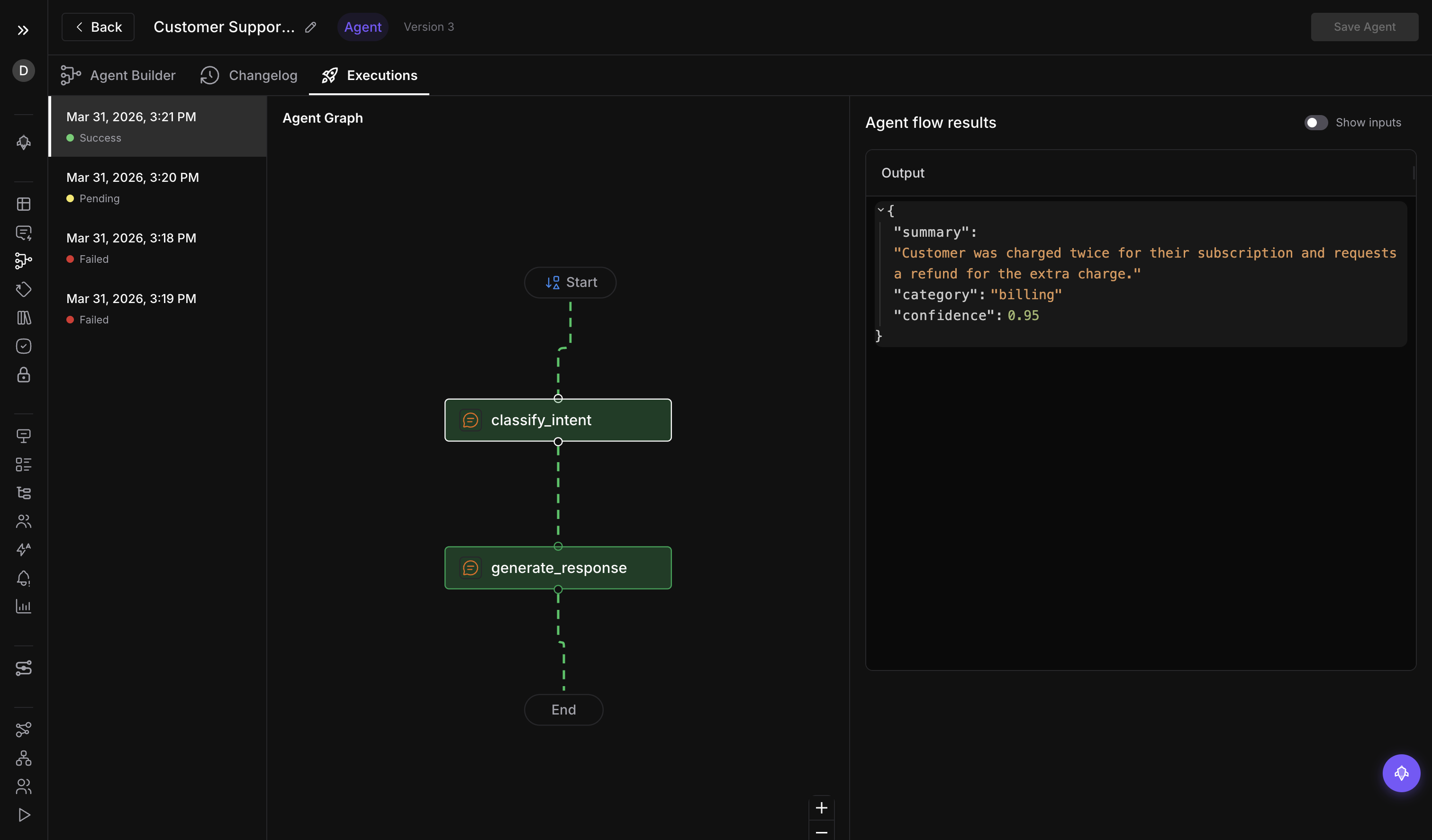 Executions history with list and detail view