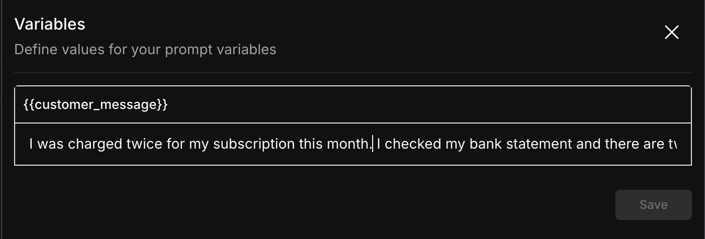 Global variables panel showing prompt variable with a test value