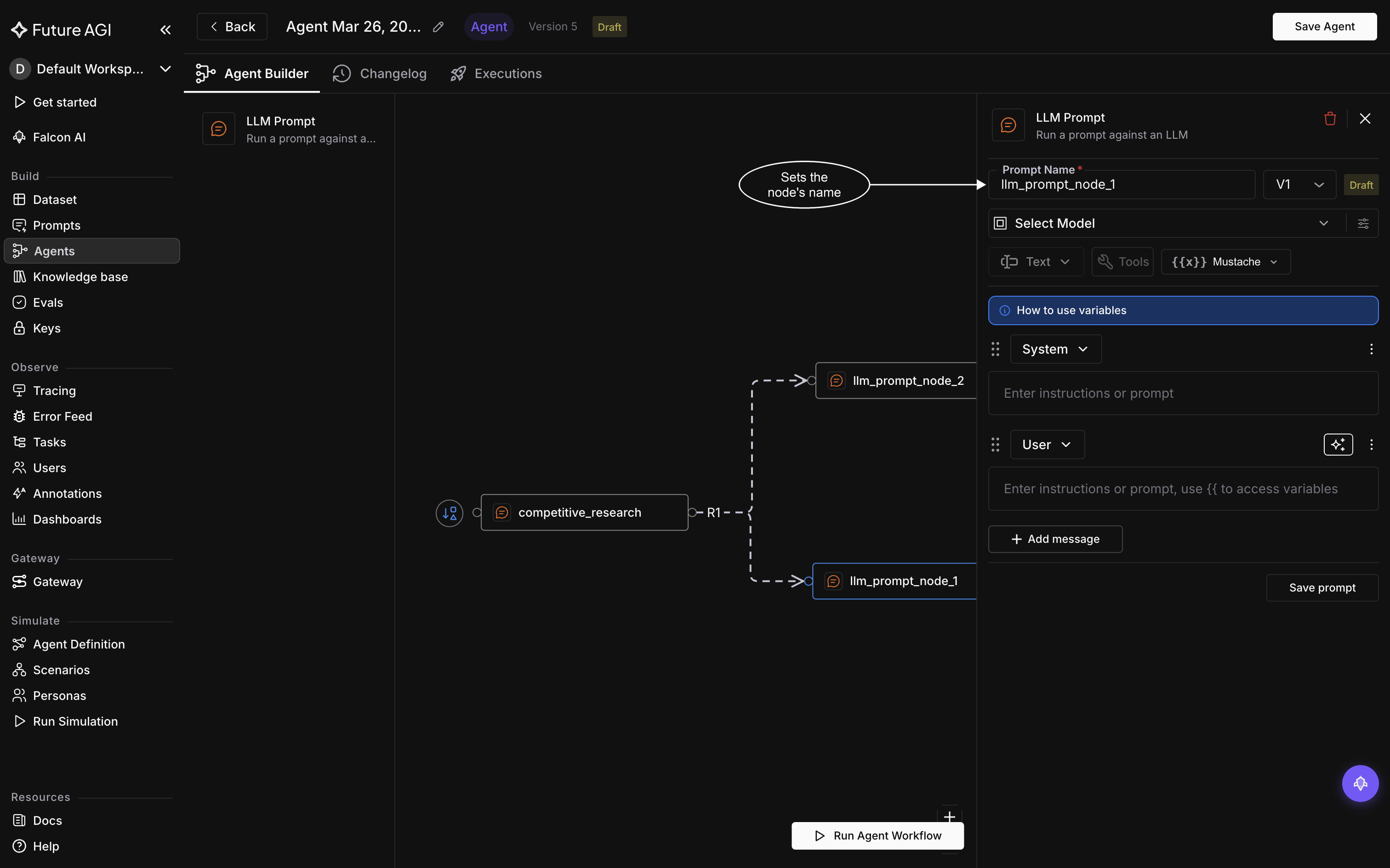 The LLM Prompt node drawer open beside the canvas, with Prompt Name filled in, the version select and Draft badge beside it, Select Model below, and the System and User message boxes under that