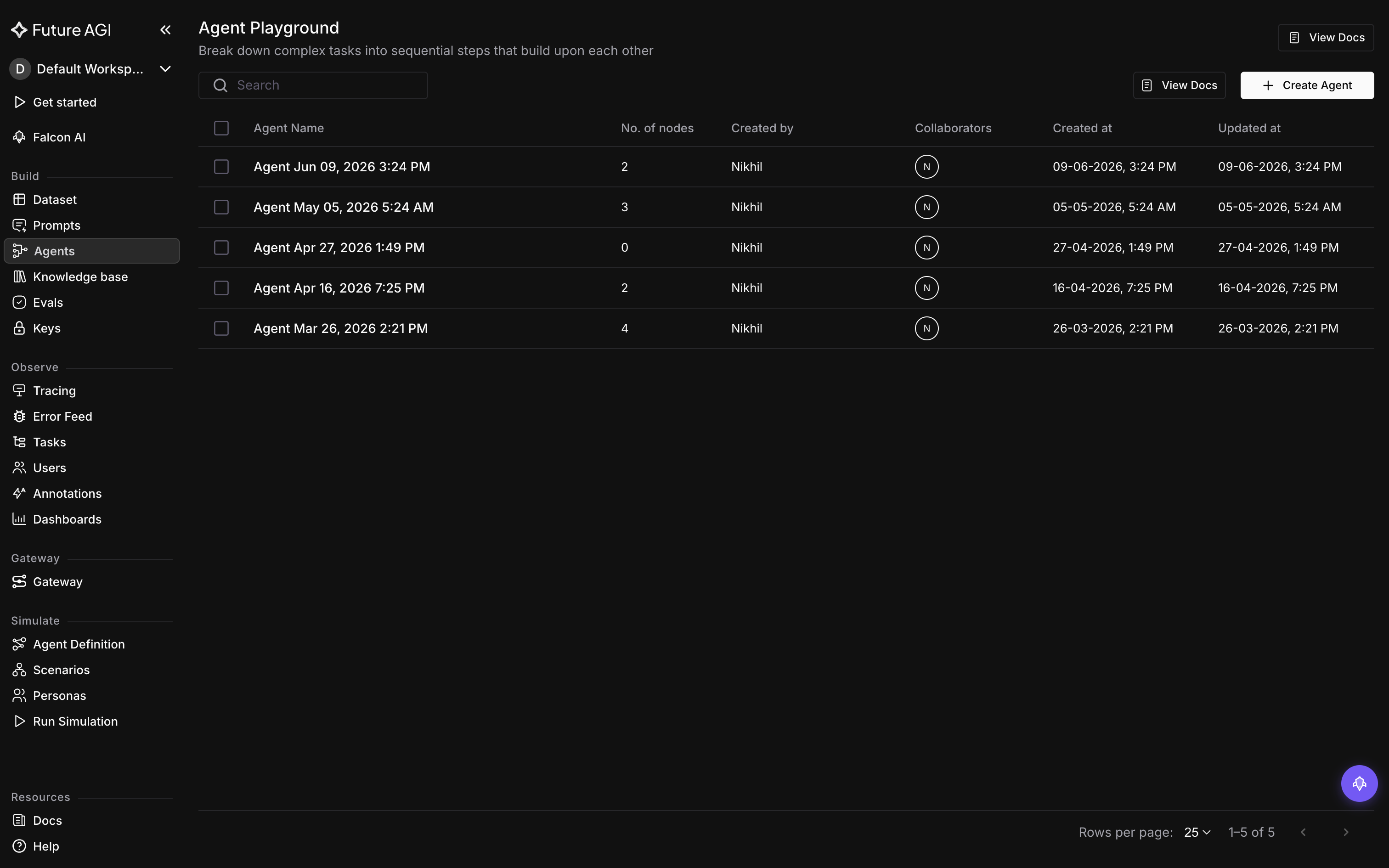 The Agent Playground list with five agents in the table, showing node count, creator, collaborators, and created and updated timestamps, with Create Agent in the top right