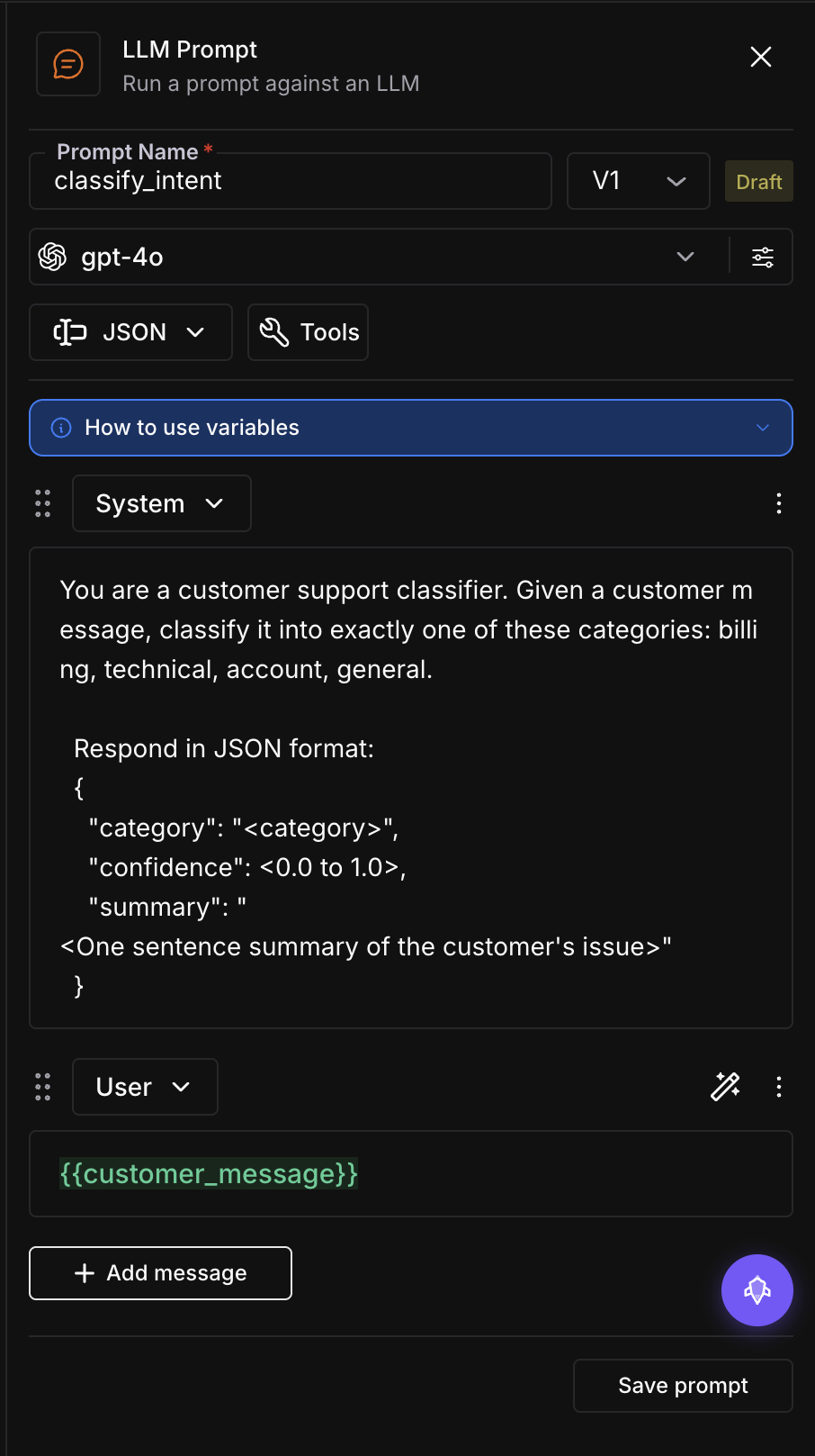 Node configuration drawer showing LLM Prompt settings