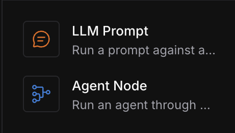 Node selection panel with LLM Prompt and Agent node types