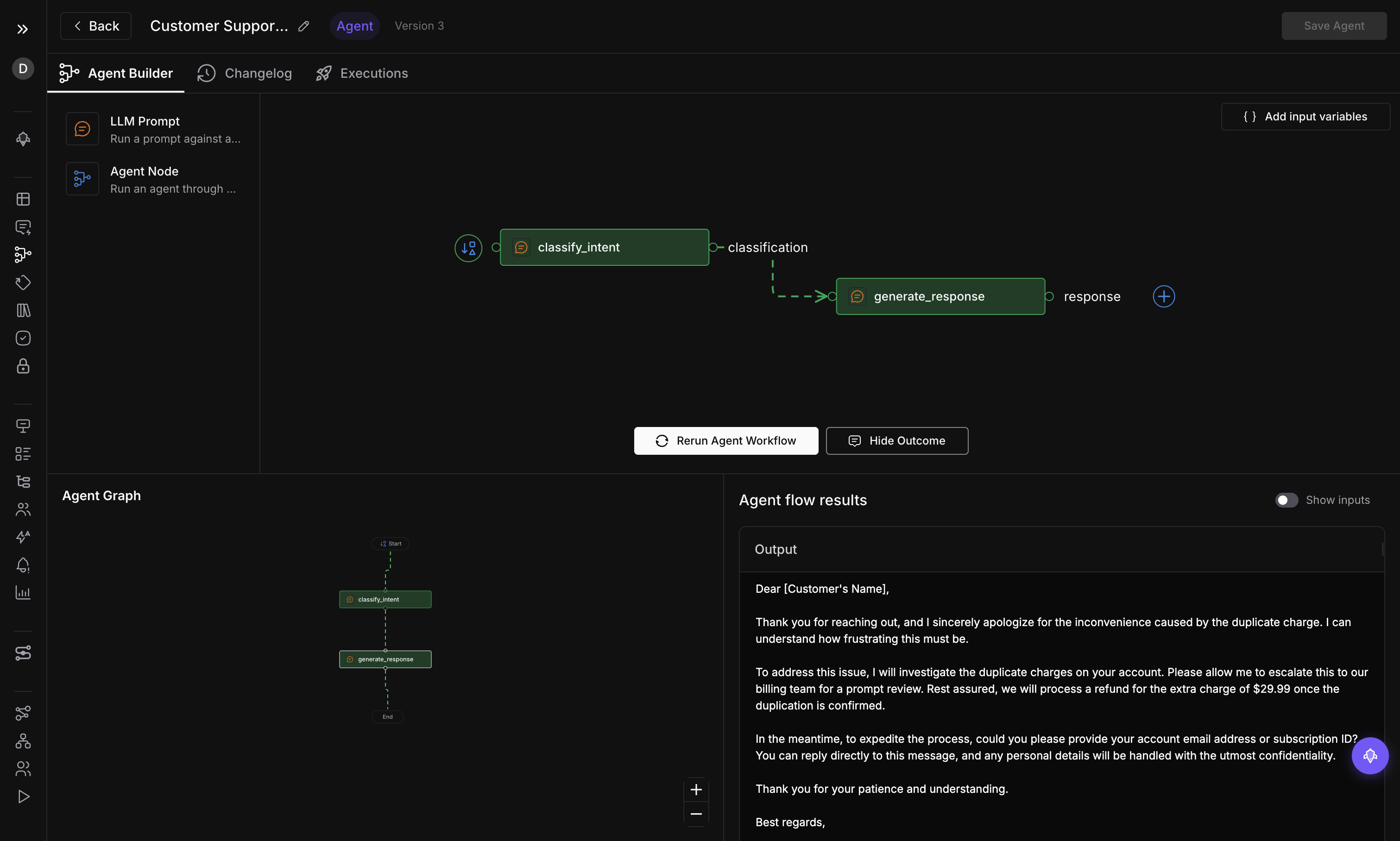 Run Agent Panel showing graph status and node output details