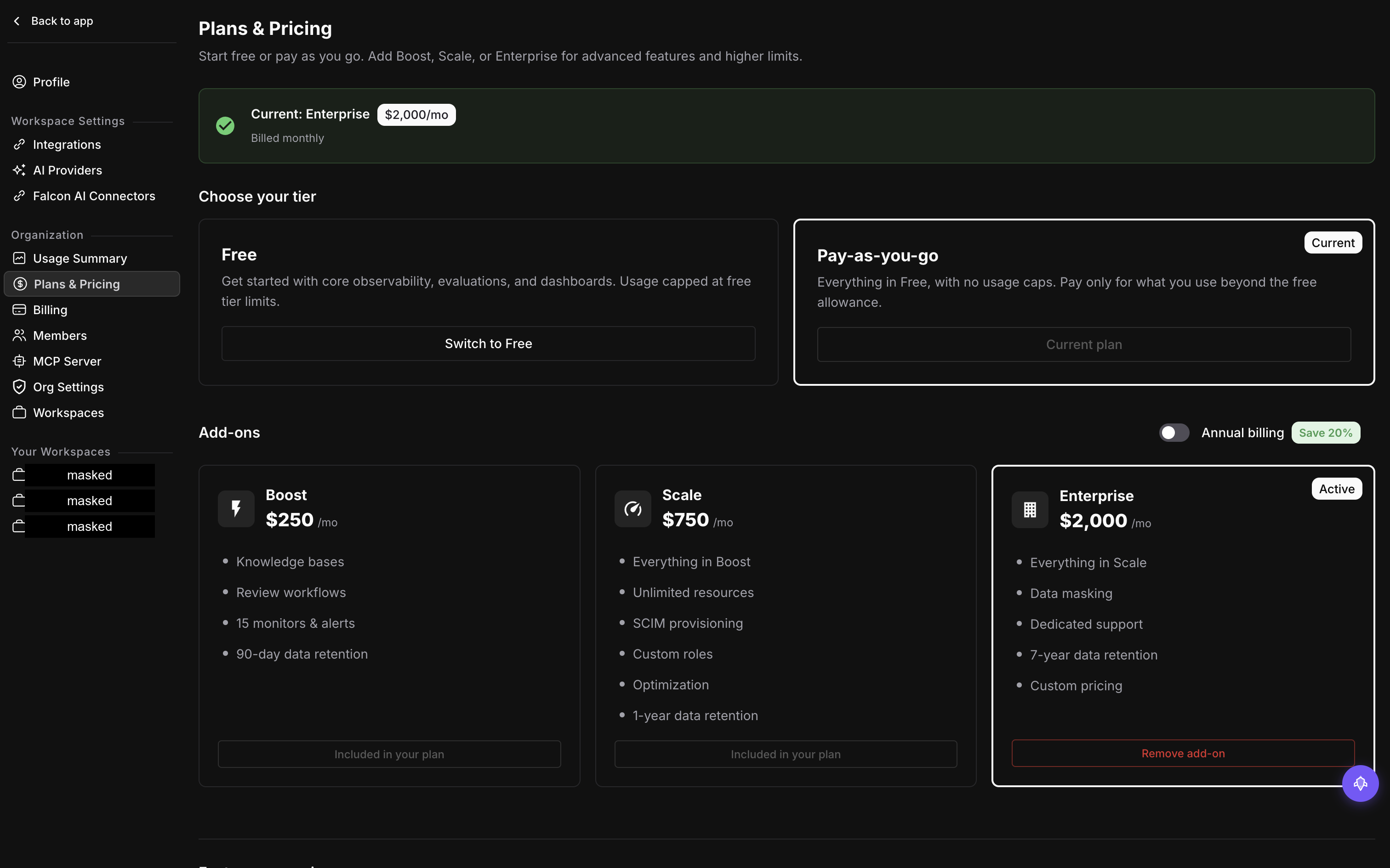 Plans & Pricing page with the Free and Pay-as-you-go tier cards, and the Boost, Scale and Enterprise add-ons below them