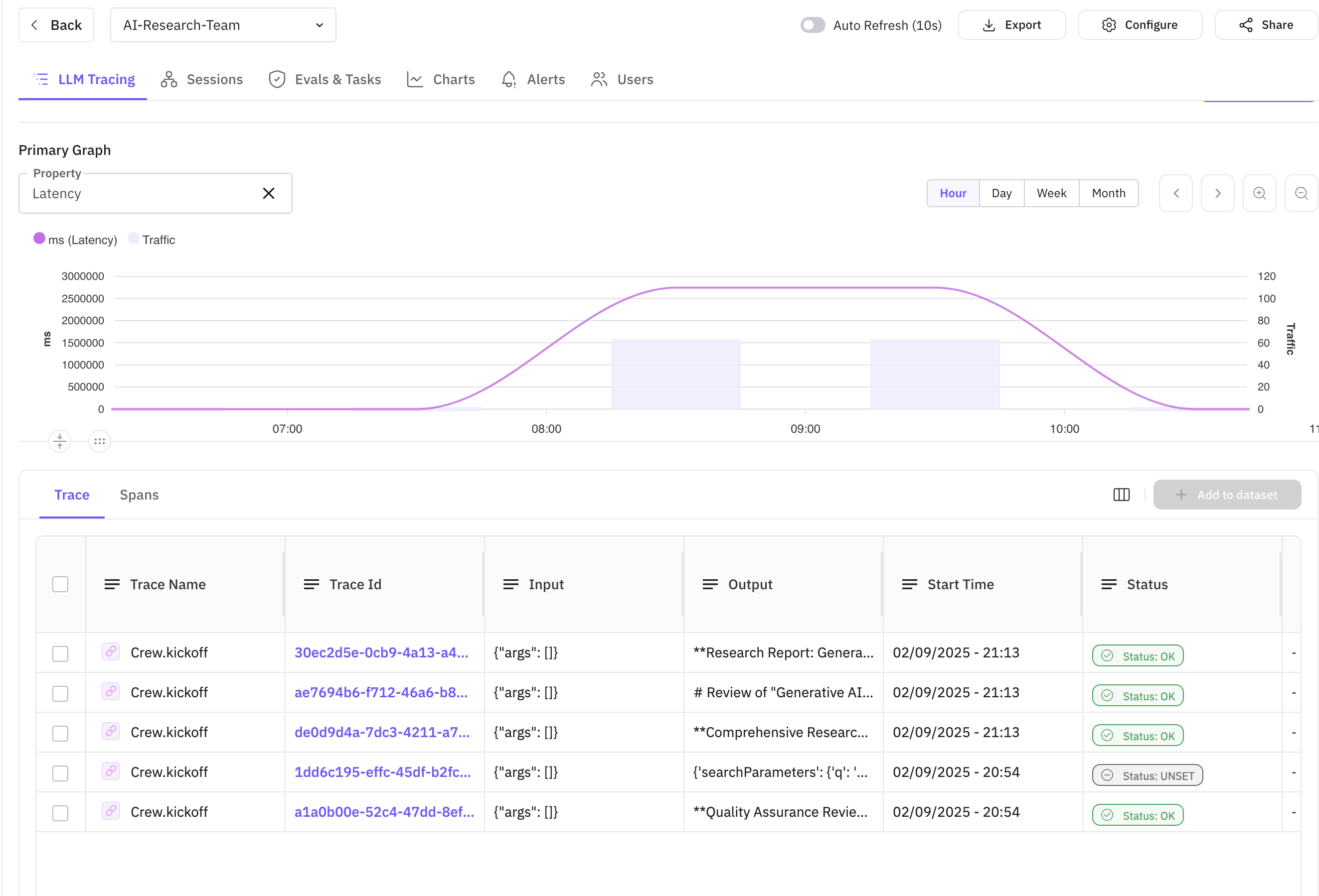 Main Observe Dashboard showing list of traces for the research crew executions