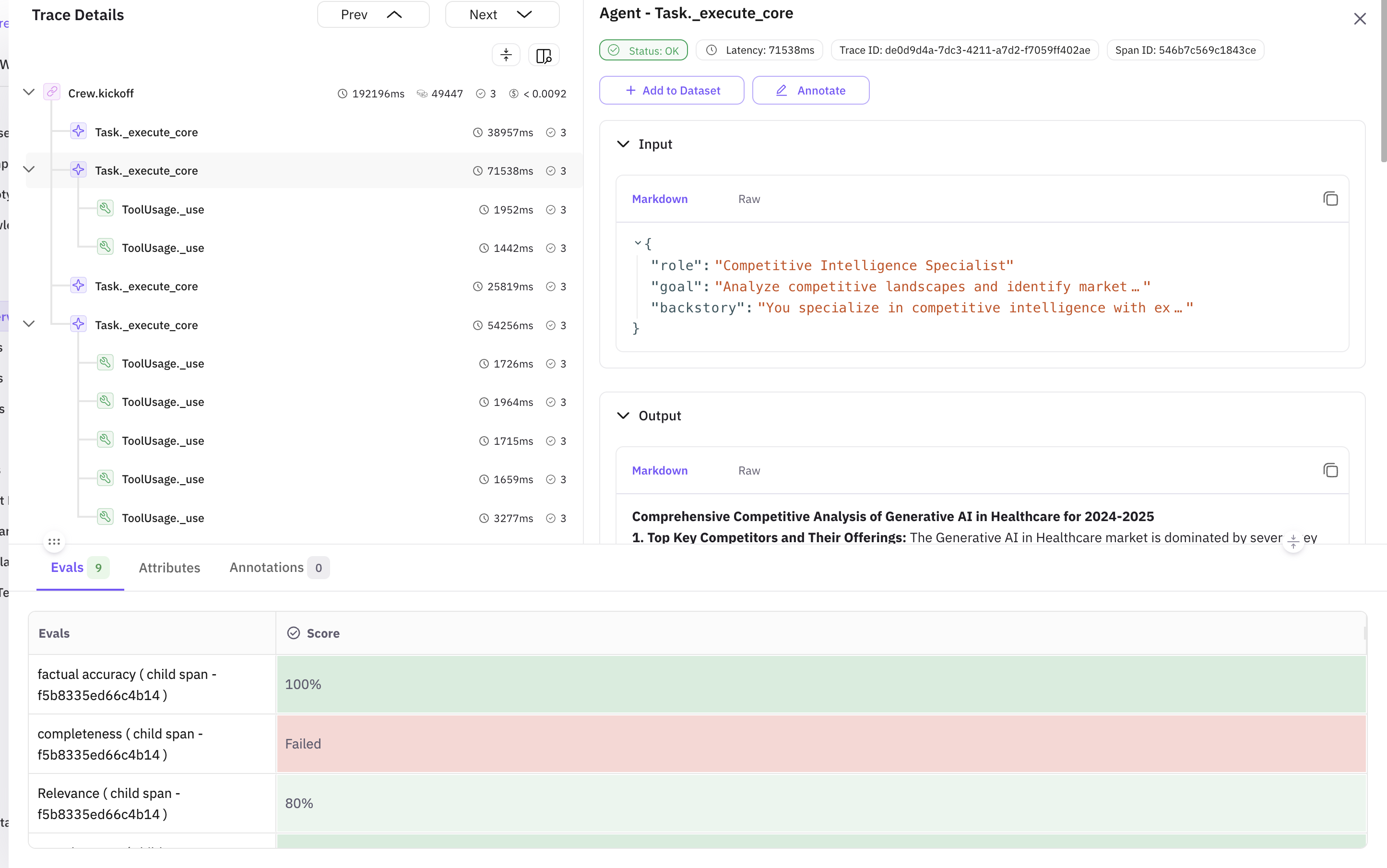 Detailed trace view showing the agent workflow with spans for each task