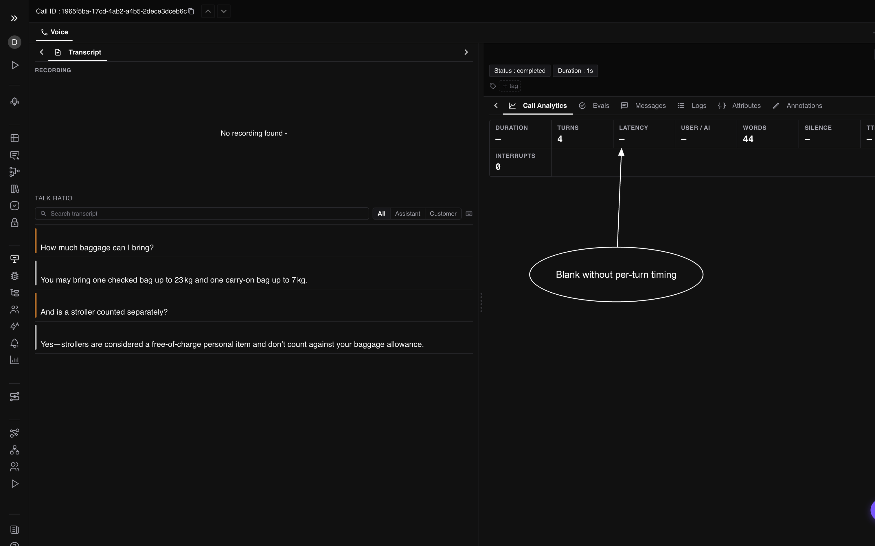 The Future AGI voice call detail for the run above: the Voice tab, the transcript with all four turns, and the Call Analytics strip reading 4 turns, 44 words and 0 interrupts