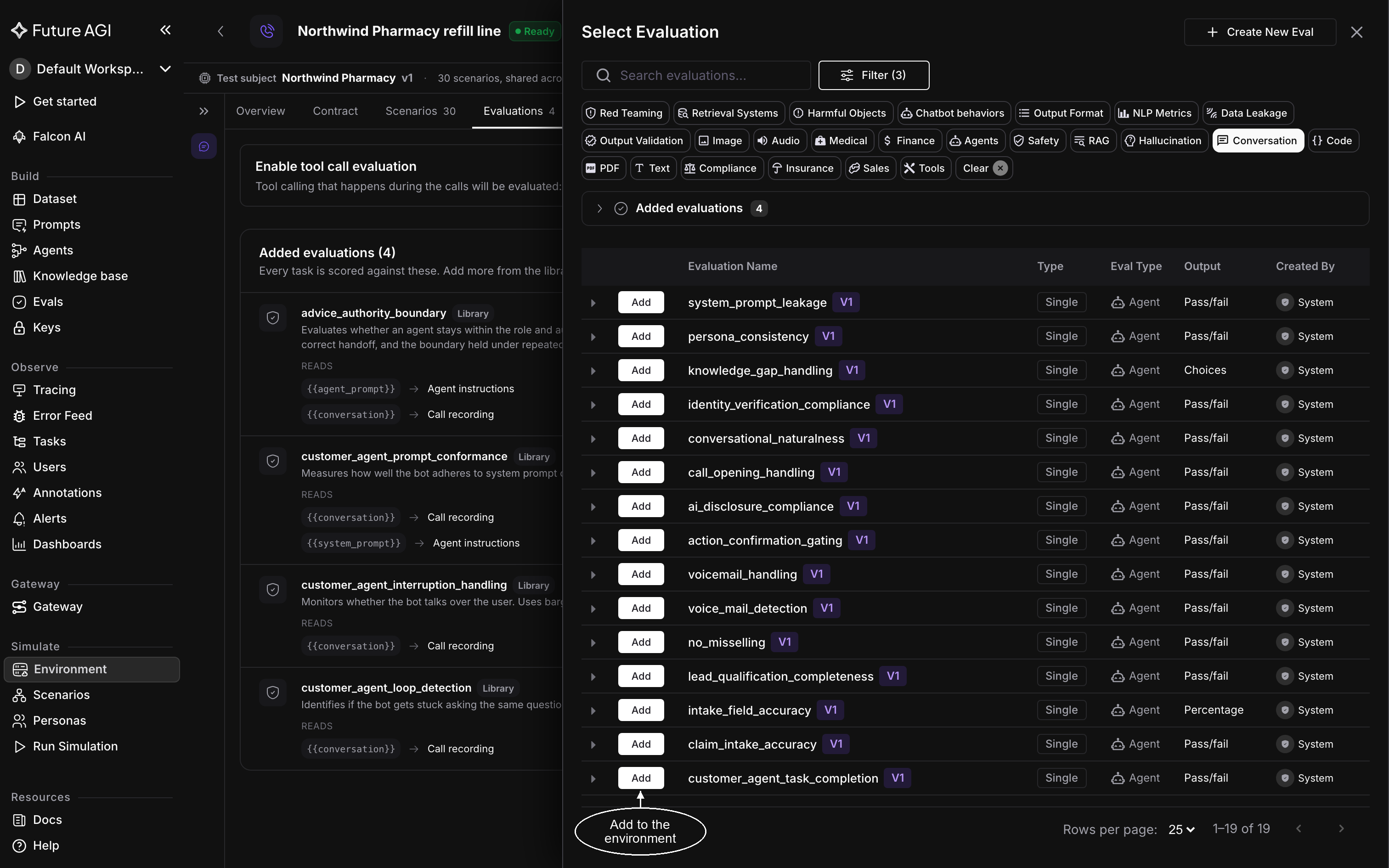 The Select Evaluation drawer filtered to the Conversation category, listing 19 library evaluations such as persona_consistency and conversational_naturalness, each with an Add button
