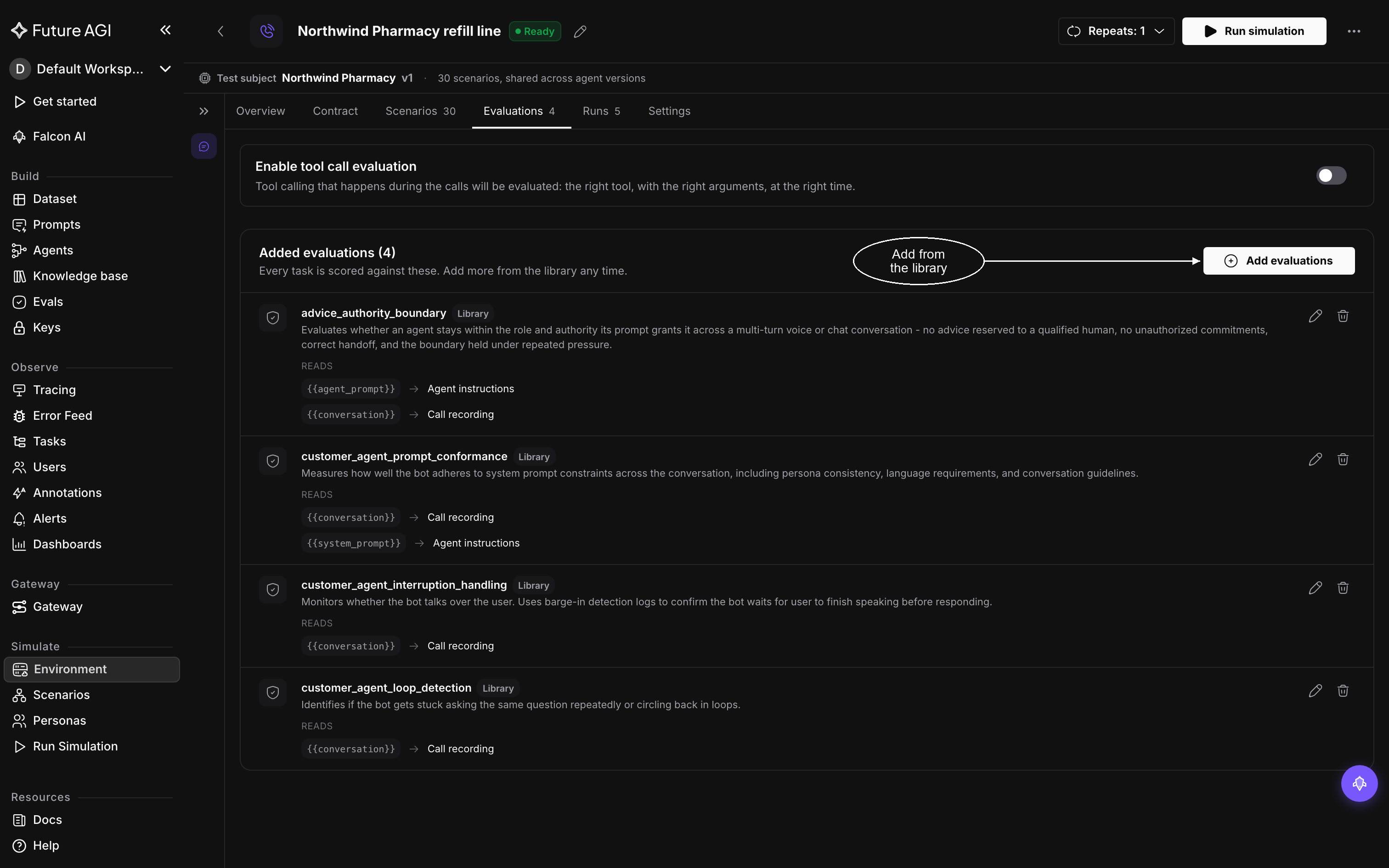 The Evaluations tab with the Enable tool call evaluation toggle off, and the Added evaluations card with its Add evaluations button and four evaluations, each listing the inputs it reads