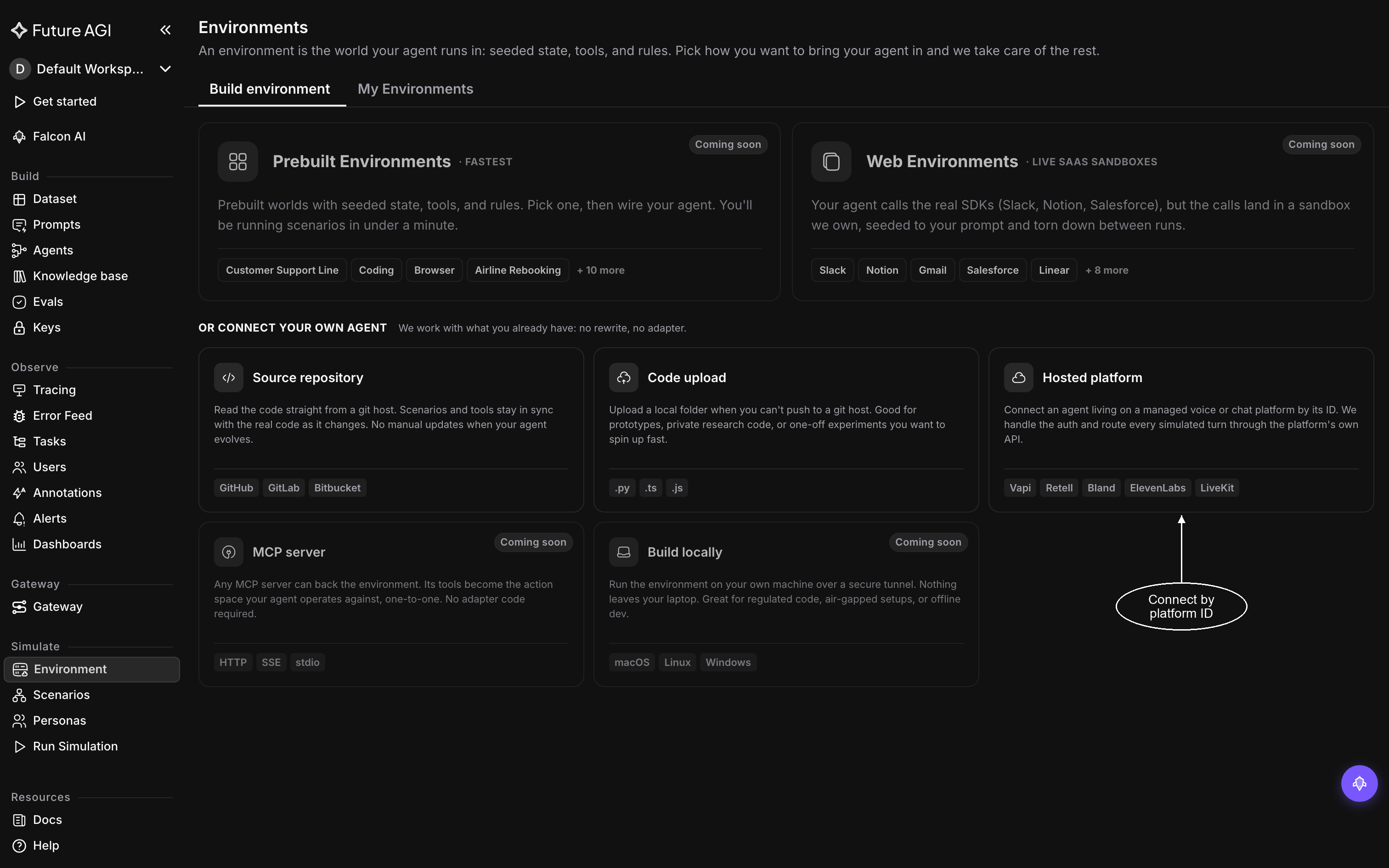 The Build environment tab with Source repository, Code upload and Hosted platform cards under Or connect your own agent, and Prebuilt and Web Environments marked Coming soon