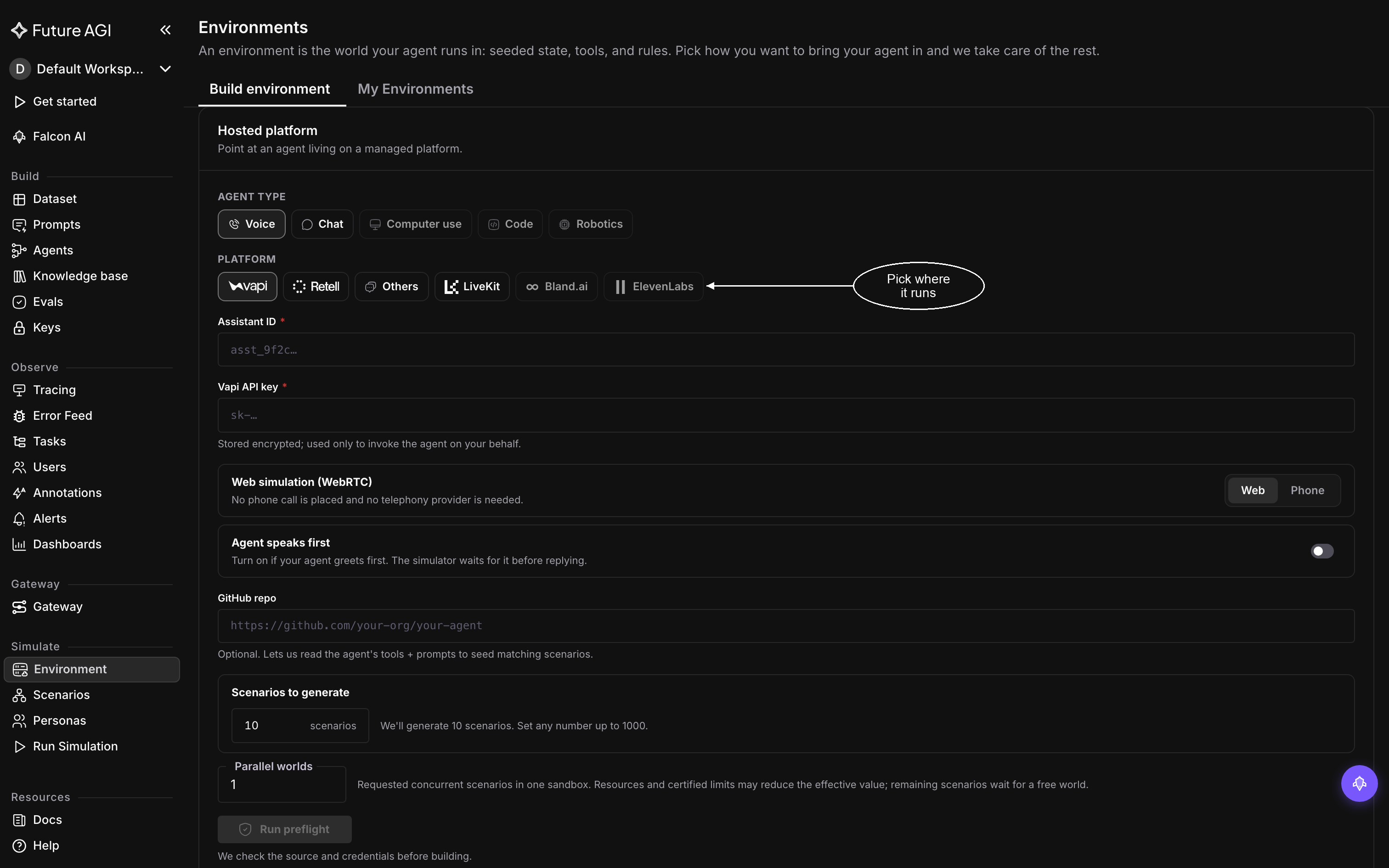 The Hosted platform form with Voice and Vapi selected, empty Assistant ID and Vapi API key fields, the Web and Phone choice set to Web, and the Agent speaks first toggle