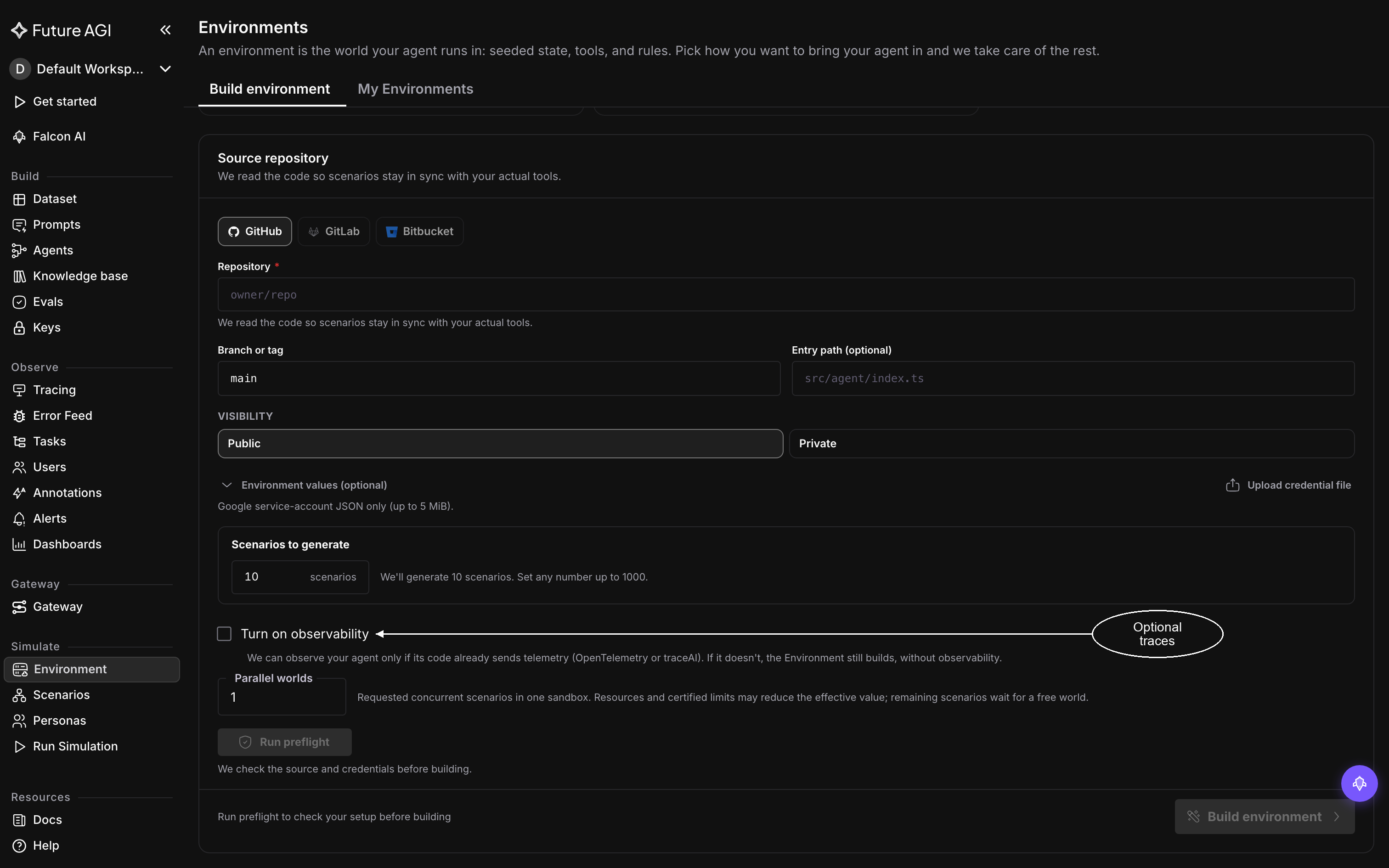 The Source repository form with GitHub selected, an owner/repo Repository field, Branch or tag set to main, an Entry path field, Public visibility and the unticked Turn on observability checkbox