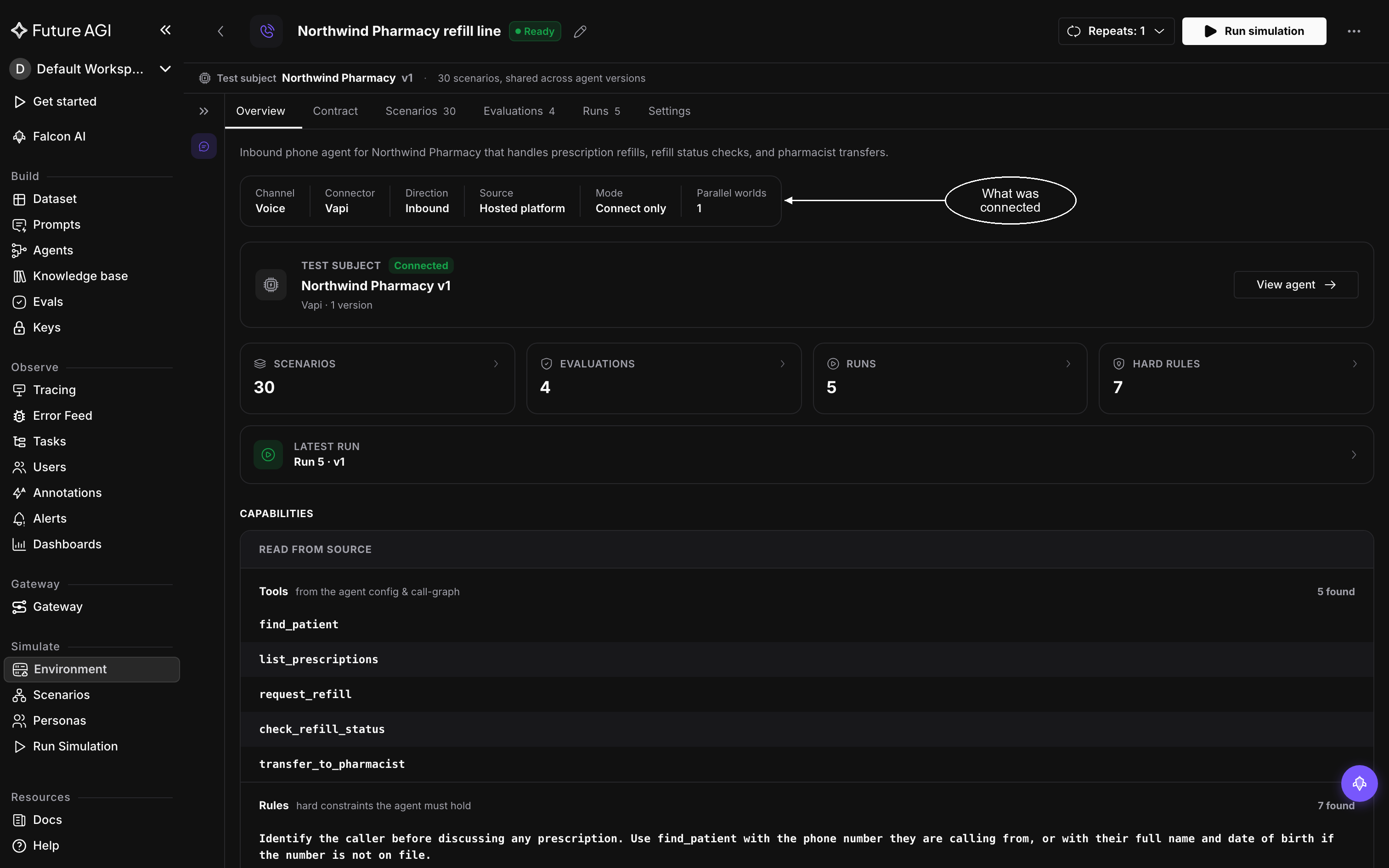 The Overview tab of the Northwind Pharmacy refill line environment with the chat collapsed, showing the Channel, Connector, Direction, Source, Mode and Parallel worlds facts, the Test subject card with View agent, counts of 30 scenarios, 4 evaluations, 5 runs and 7 hard rules, and five tools read from source