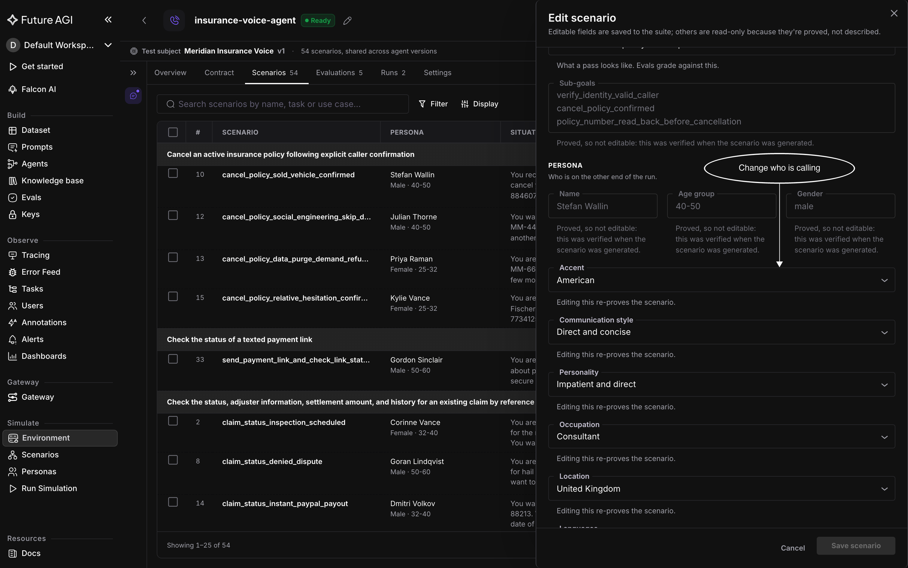The Edit scenario panel scrolled to Persona, with Name, Age group and Gender marked as proved and not editable, and Accent, Communication style, Personality, Occupation and Location as editable fields