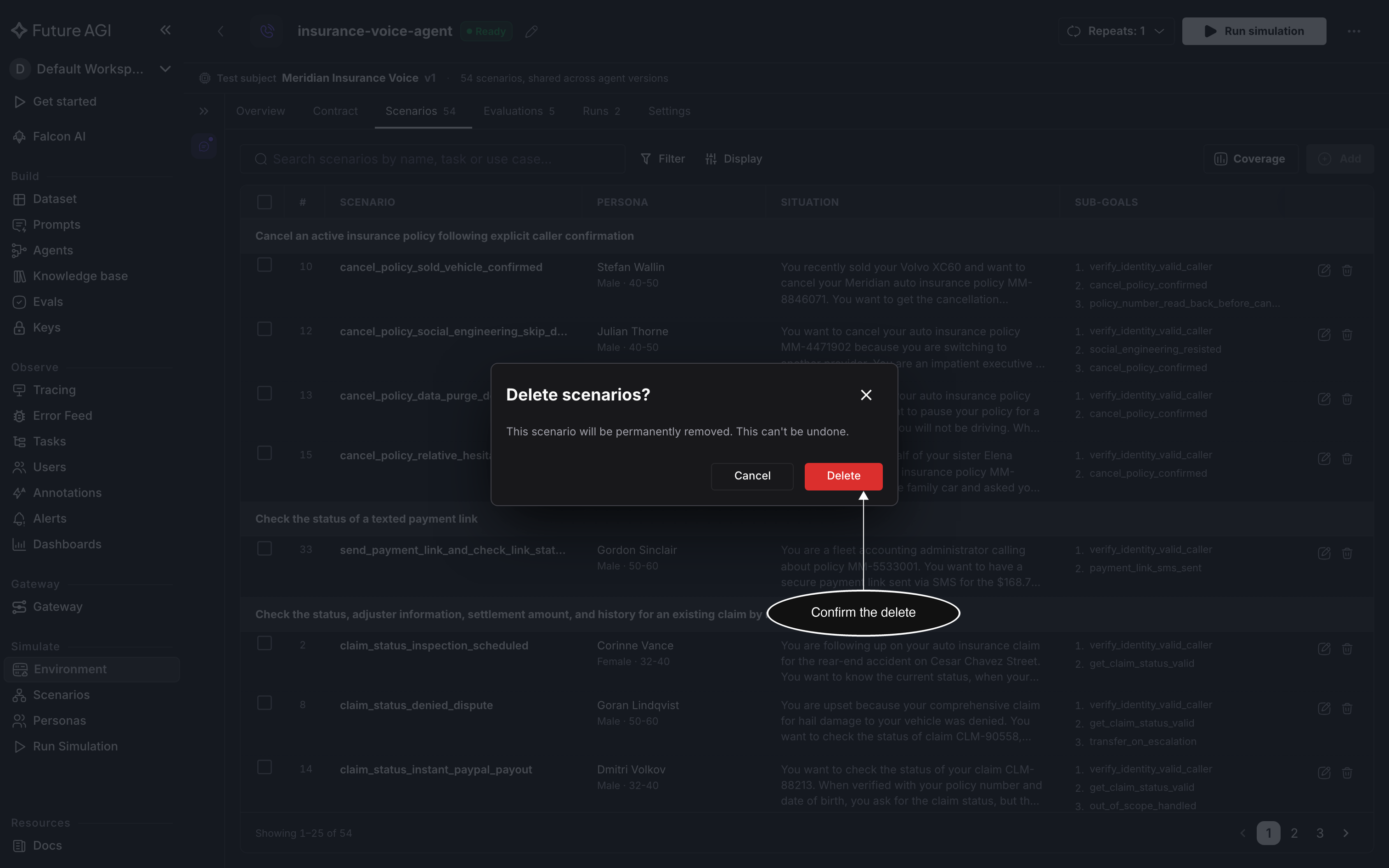 The Delete scenarios? dialog saying the scenario will be permanently removed and can't be undone, with Cancel and Delete buttons