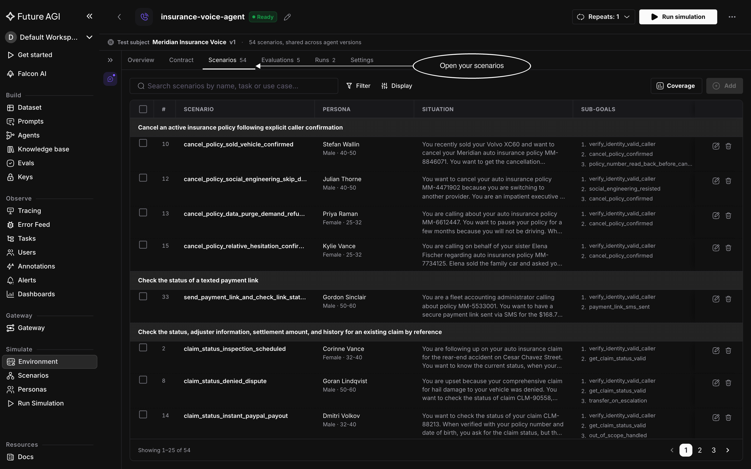 The Scenarios tab of an insurance agent's environment, labelled Scenarios 54, with a toolbar holding the search box, Filter, Display and Coverage, and a table grouped by use case with the columns #, Scenario, Persona, Situation and Sub-goals
