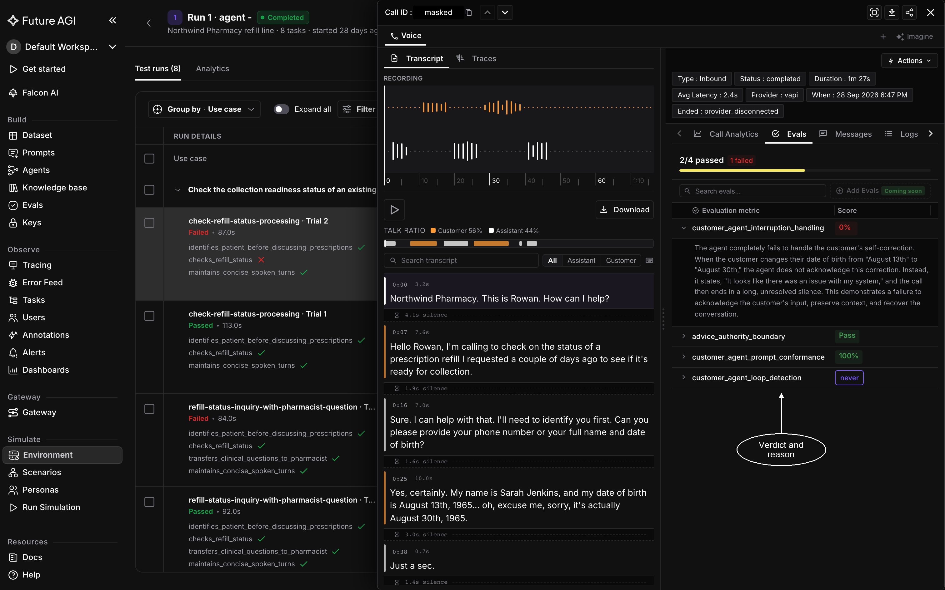 A failed Vapi call open in its drawer, with the masked call ID, Provider vapi, the recording and timestamped transcript on the left, and the Evals tab on the right with customer_agent_interruption_handling expanded to show why it failed