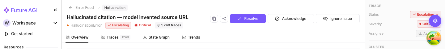 Issue detail header showing error title, type chip, severity badge, status, trace count, and action buttons