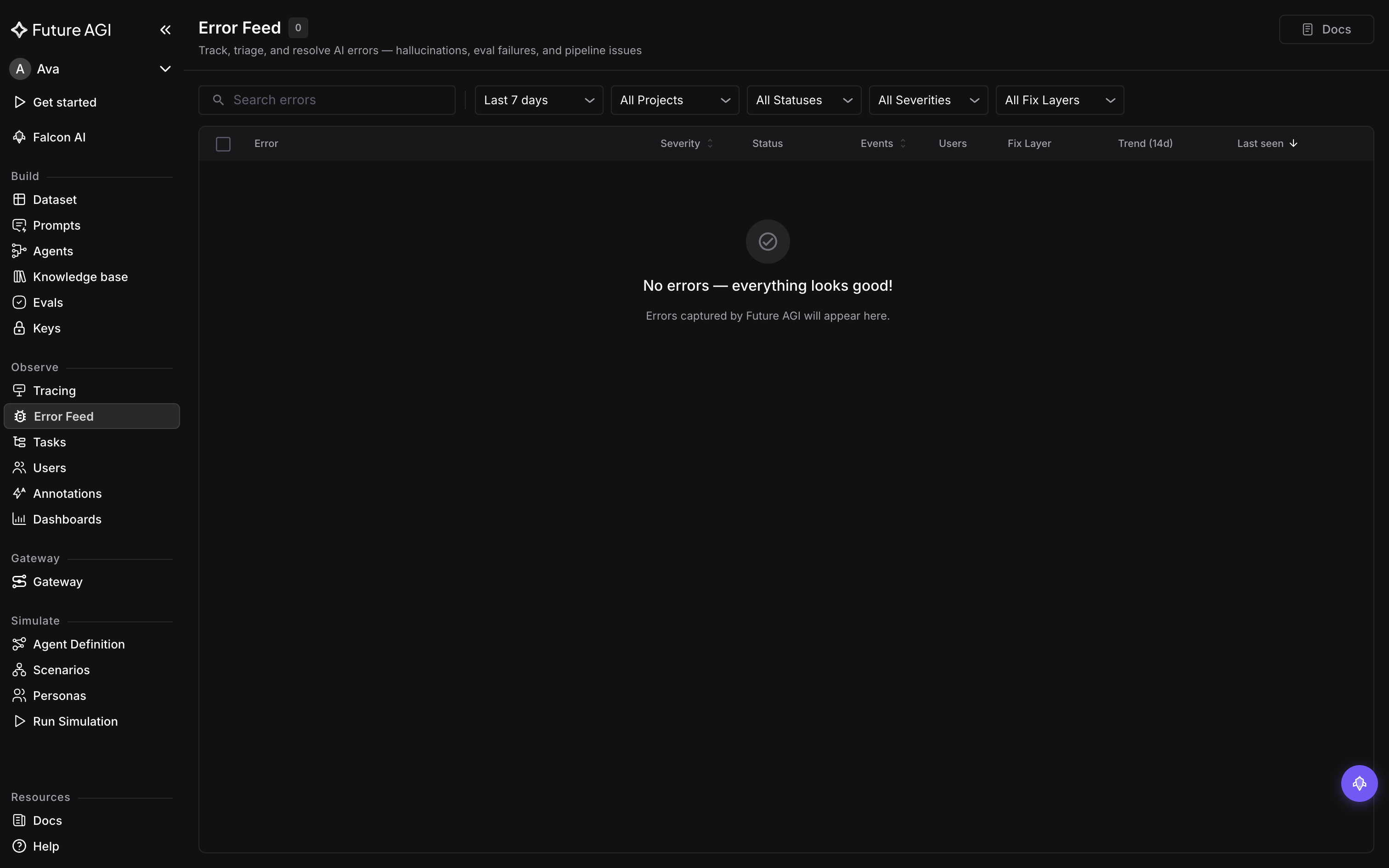 The Error Feed list page in its unfiltered empty state, showing No errors — everything looks good! above Errors captured by Future AGI will appear here., with the filter bar unset above it