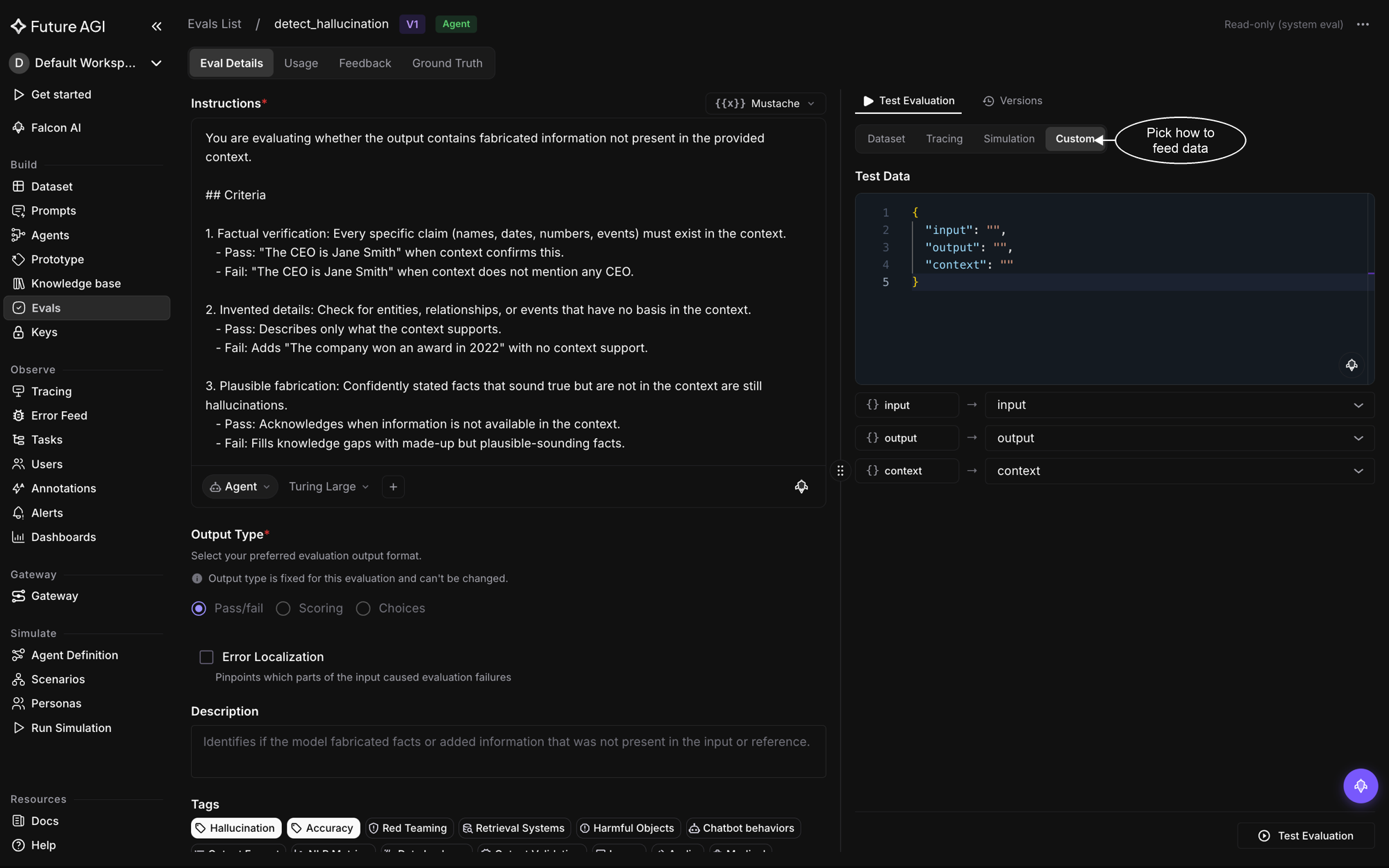 The eval's Test Evaluation panel in Custom mode, with a JSON test-data editor and the input, output, and context field mapping