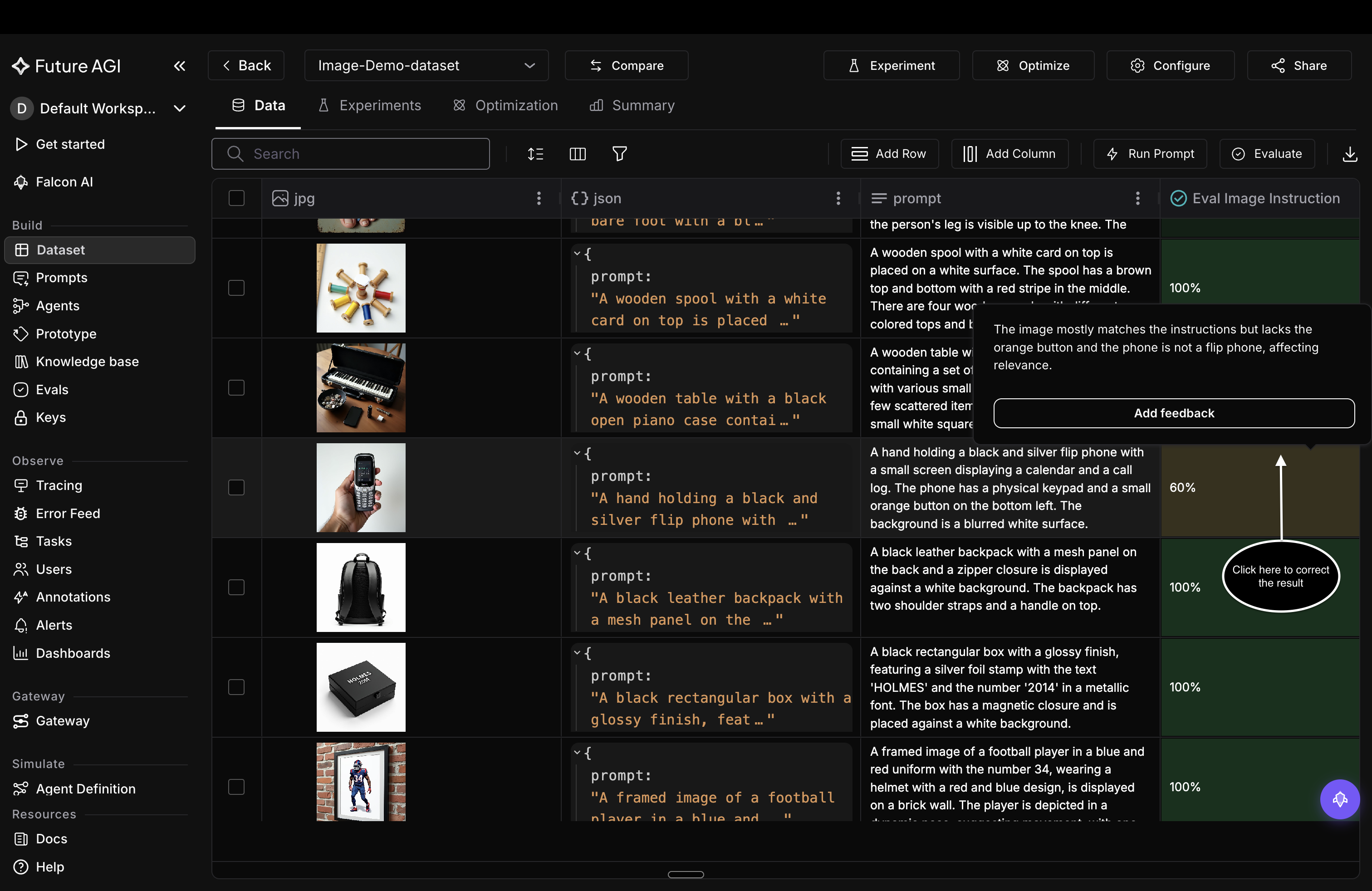 Hovering an eval result in a dataset grid, with the reason in a popover and an Add feedback button beneath it