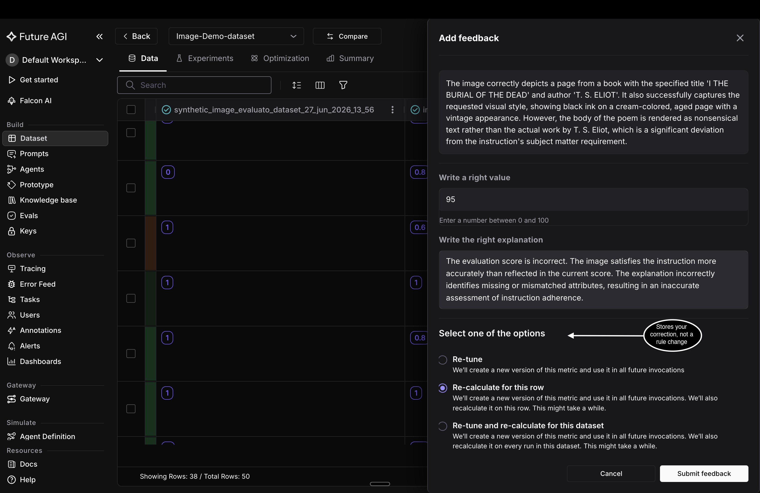 The filled Add feedback drawer showing the three re-scoring options with Re-calculate for this row selected, and Submit feedback