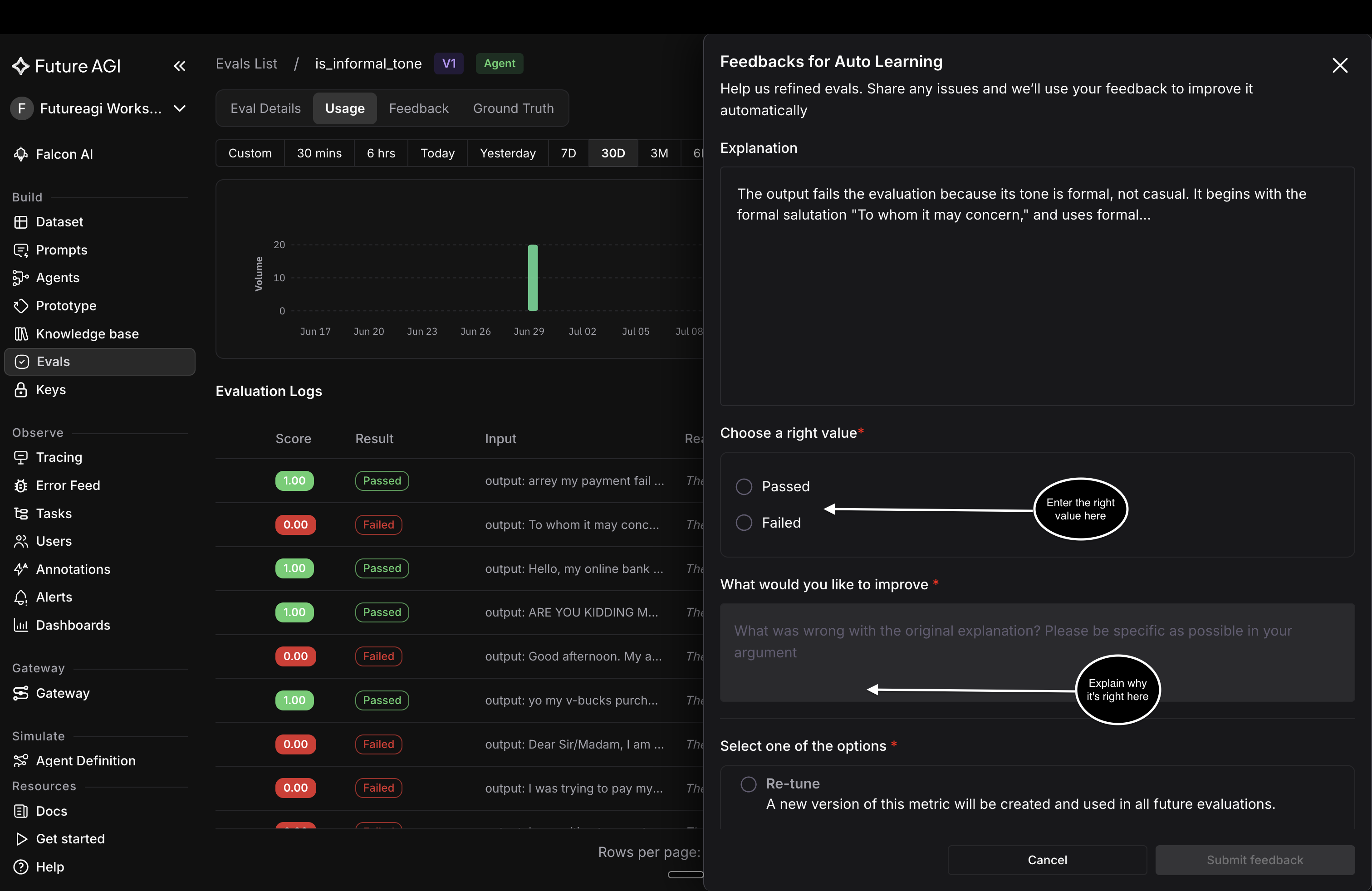 The Feedbacks for Auto Learning drawer with a Choose a right value Passed or Failed field and a What would you like to improve box