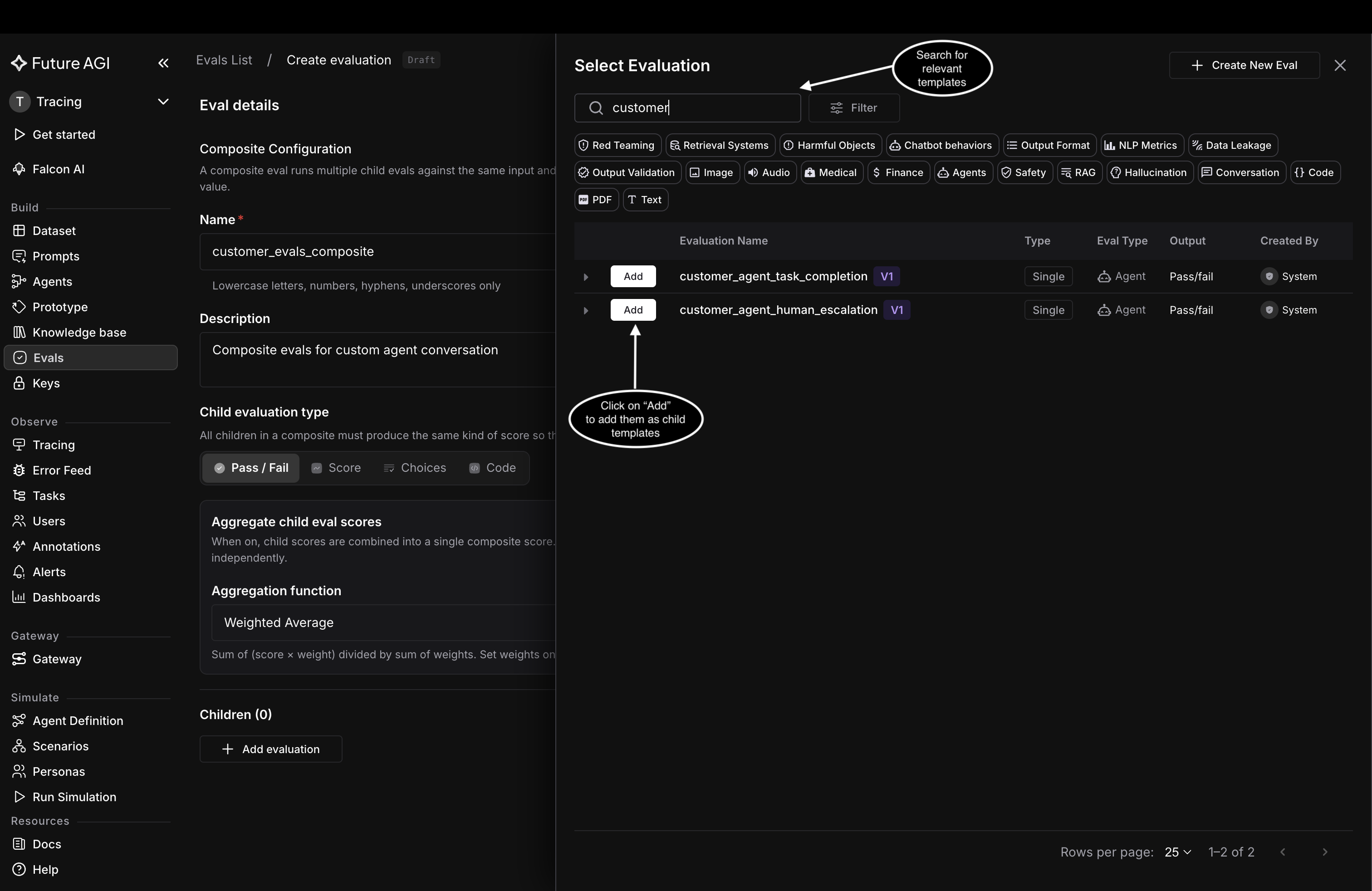 Select Evaluation drawer searched for customer, showing customer_agent_task_completion and customer_agent_human_escalation with an Add button on each row