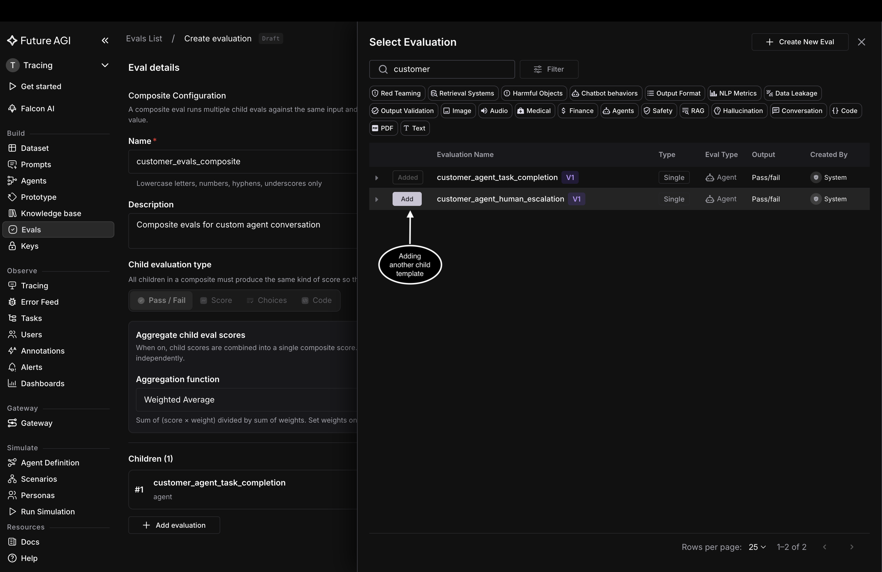 Select Evaluation drawer with customer_agent_task_completion showing Added and customer_agent_human_escalation showing Add