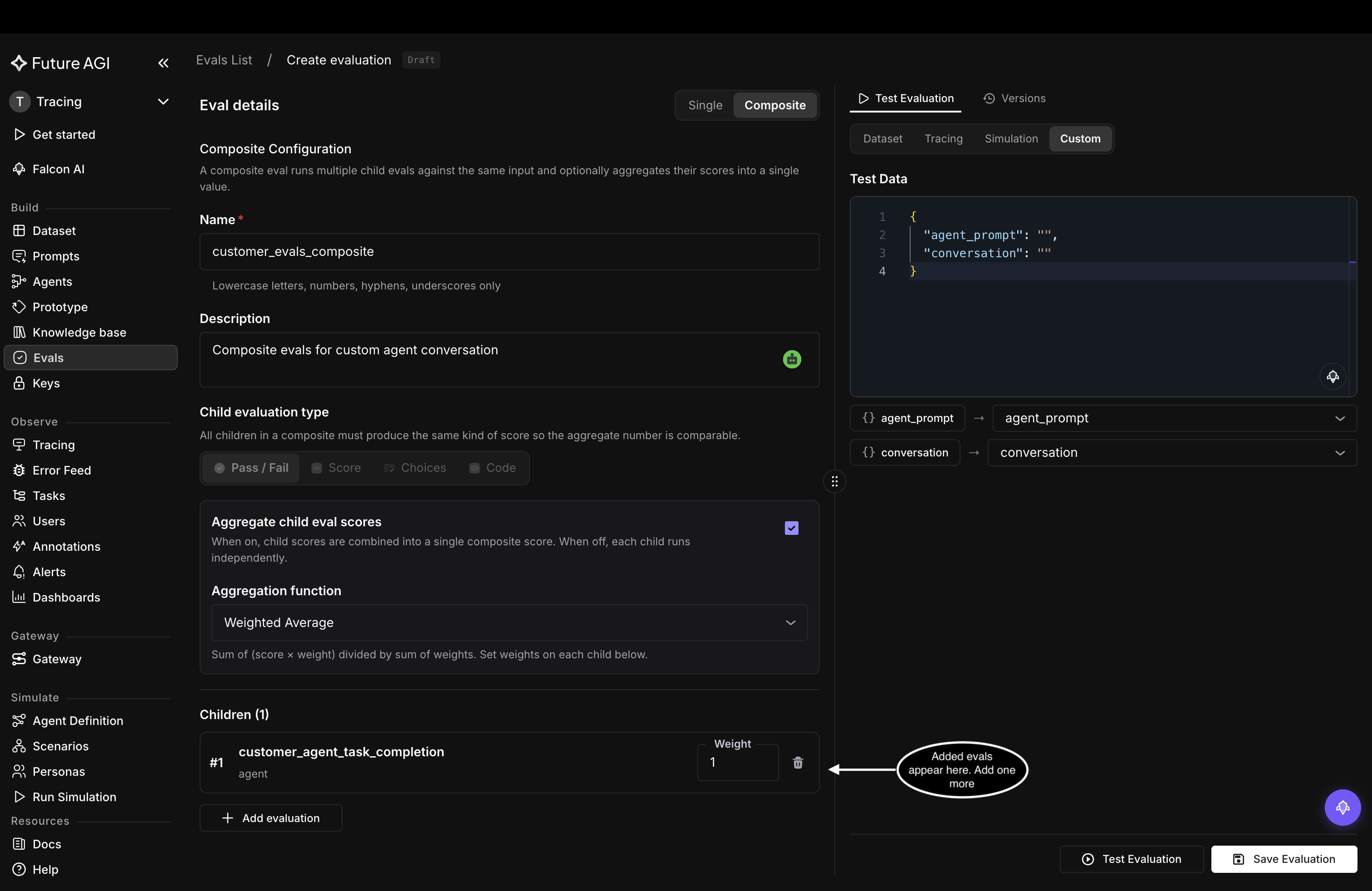 Children section showing customer_agent_task_completion added with weight 1, and the Test Data panel now listing agent_prompt and conversation mapped by name