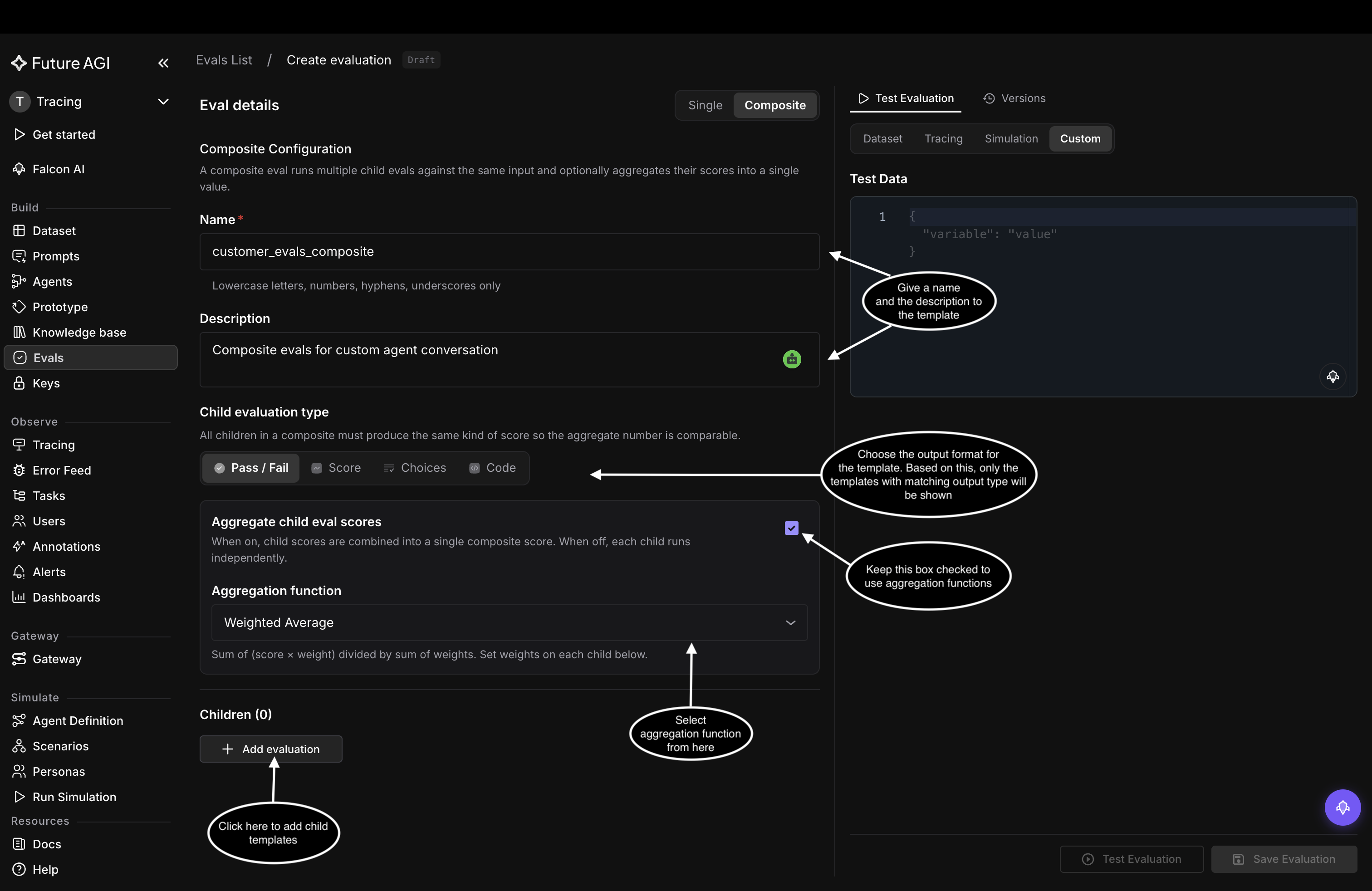 Composite Configuration panel with name customer_evals_composite, Pass / Fail selected as the child evaluation type, Aggregate child eval scores checked, and Weighted Average as the aggregation function