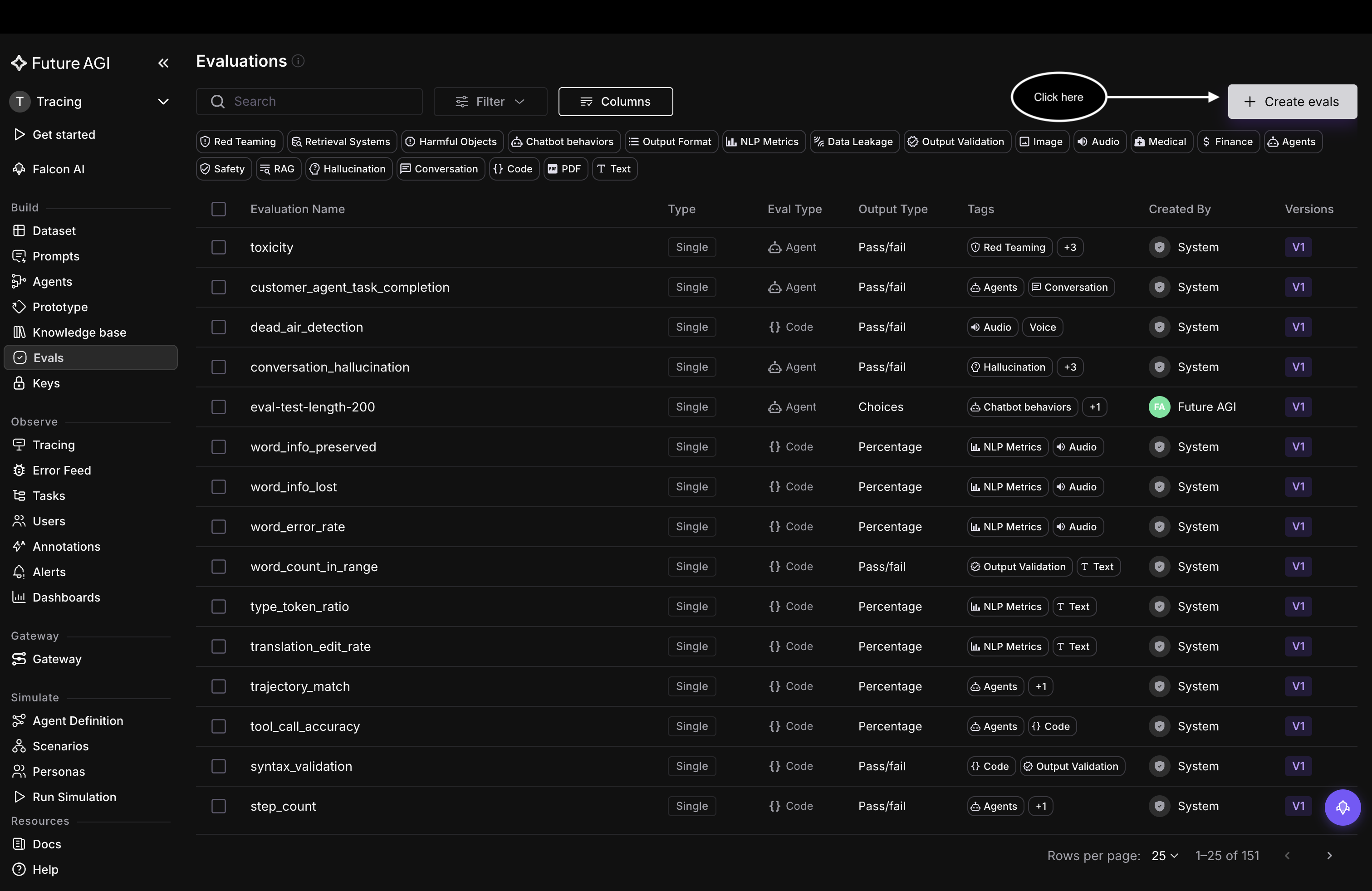 Evaluations list page with the Create evals button highlighted at the top right