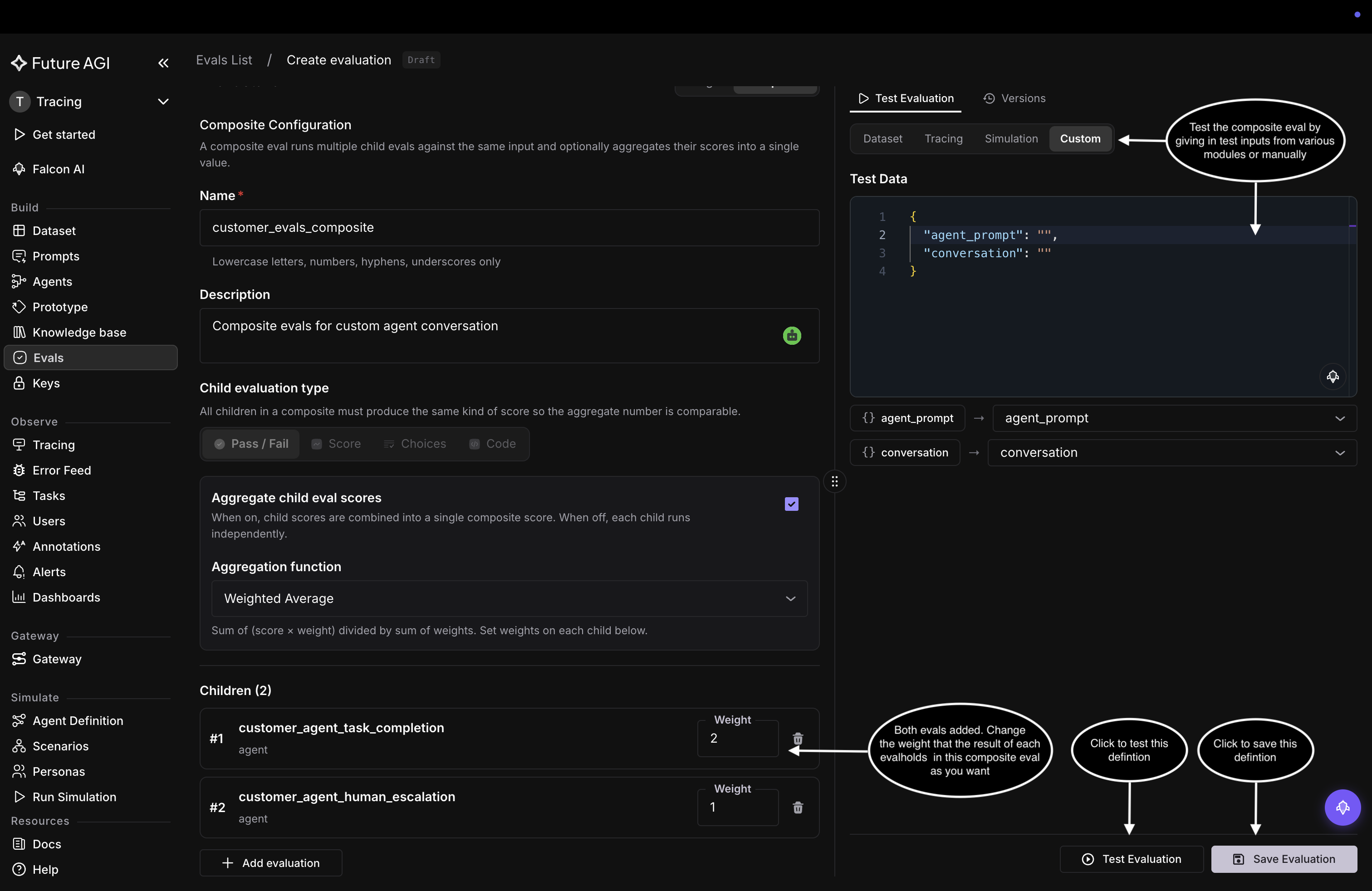 Children list with customer_agent_task_completion weight set to 2 and customer_agent_human_escalation at the default weight of 1, next to the Test Evaluation and Save Evaluation buttons