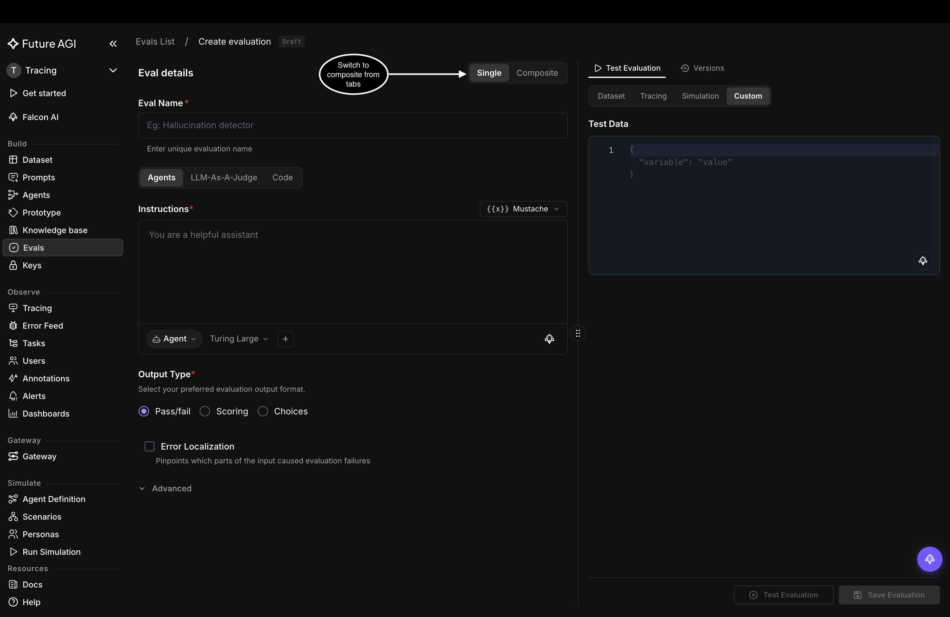 Create evaluation page with the Single and Composite toggle at the top of Eval details, Single currently selected