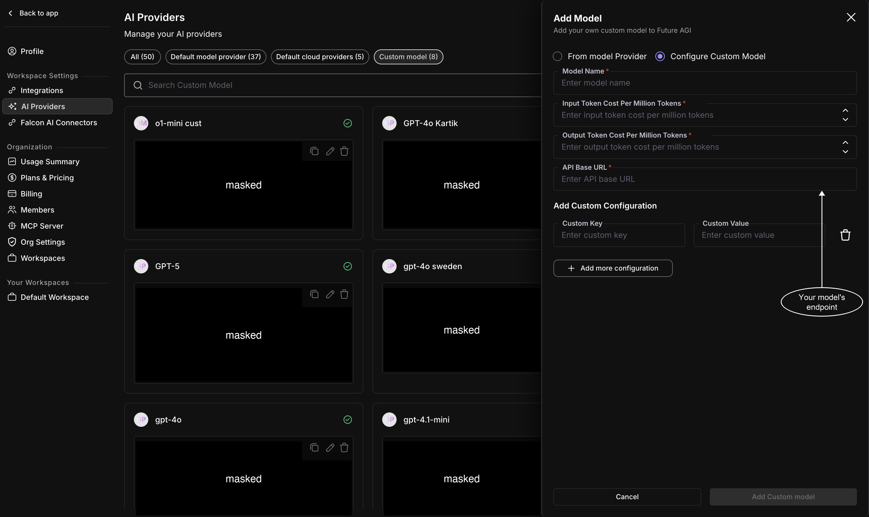 Add Model drawer with Configure Custom Model selected, showing required Model Name, Input and Output Token Cost Per Million Tokens, and API Base URL fields, plus an Add Custom Configuration section with Custom Key and Custom Value inputs and an Add more configuration button, with a callout pointing at the API Base URL field