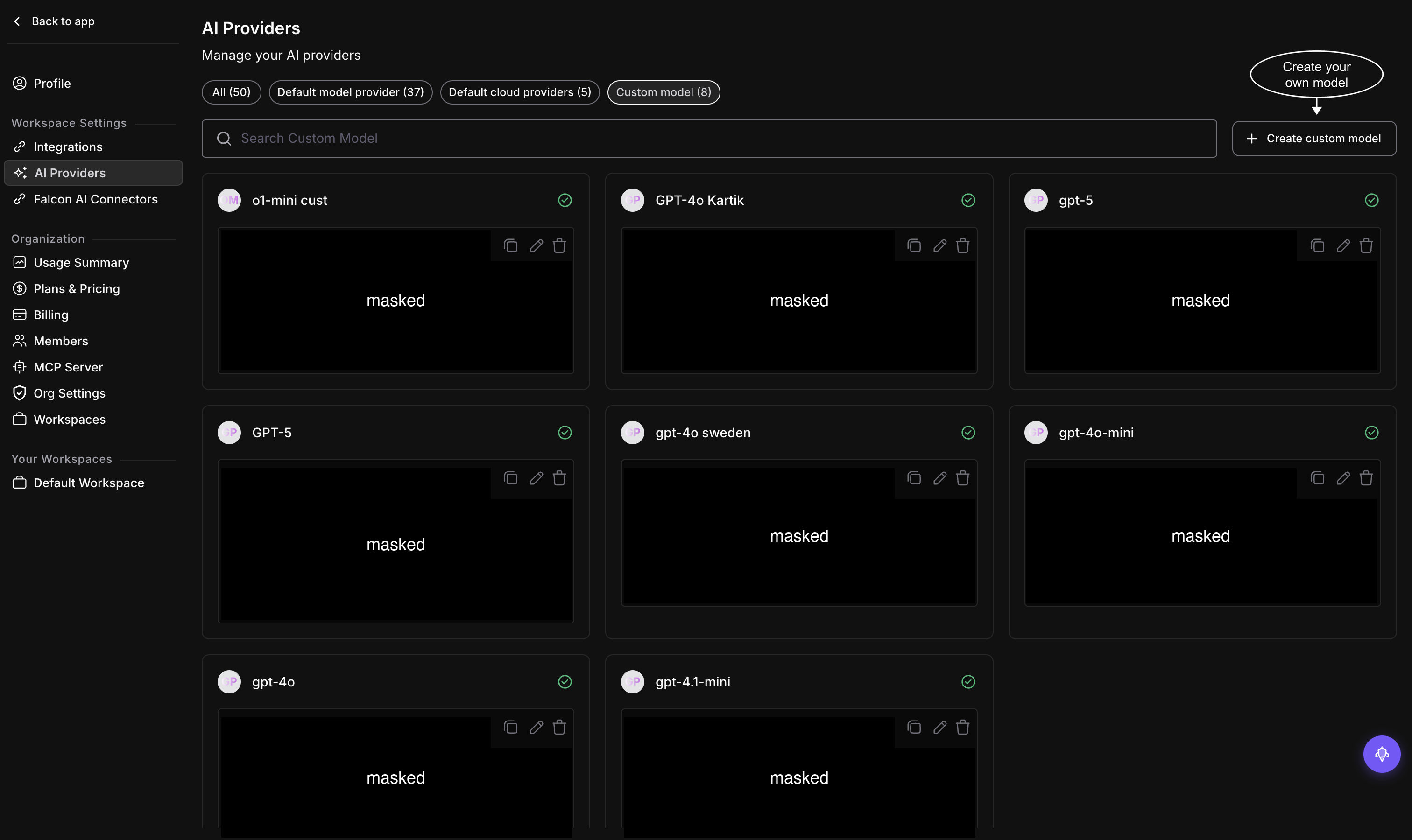AI Providers page on the Custom model tab, listing existing custom models with masked credentials and edit, delete, and copy icons, with a callout pointing at the Create custom model button top right