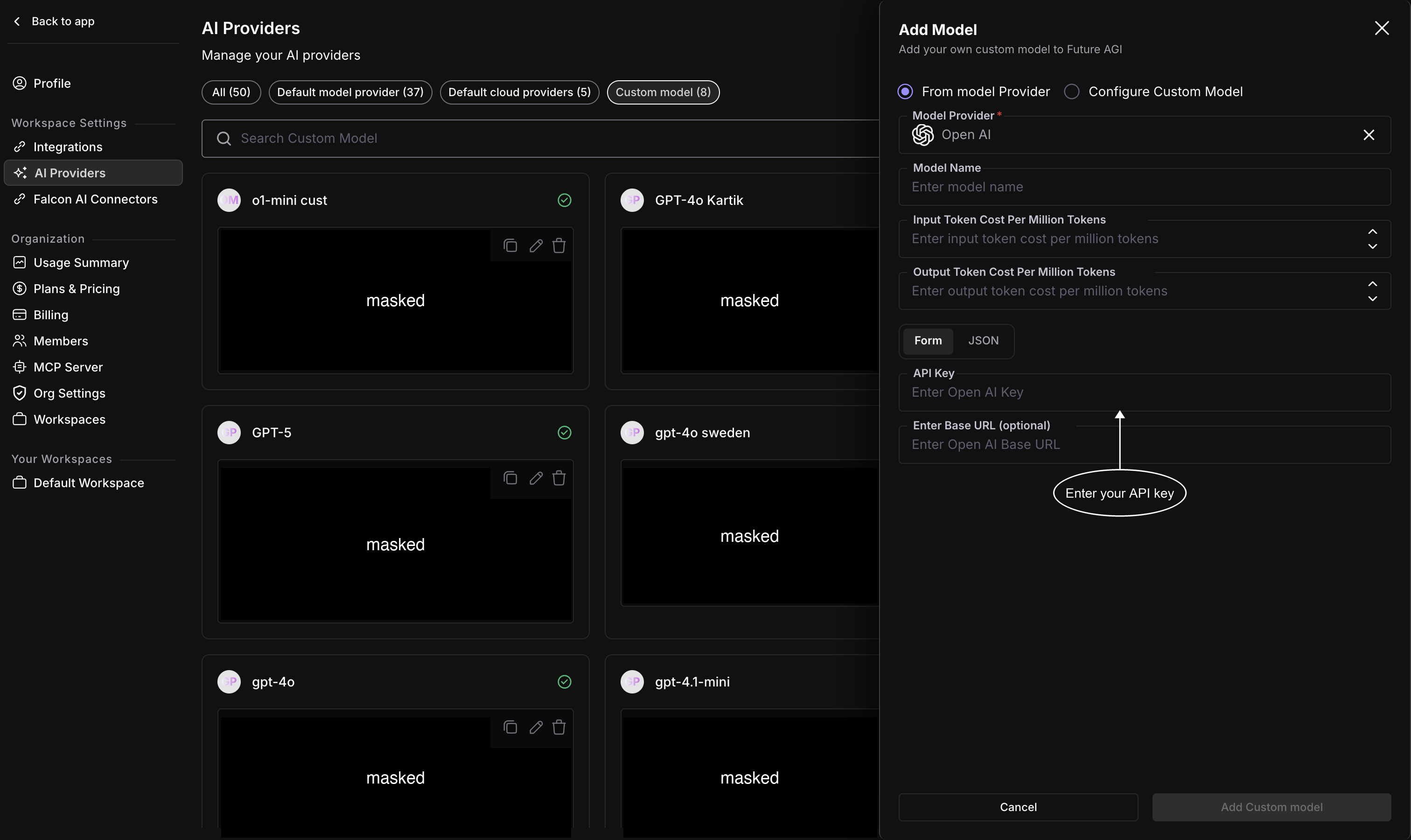 Add Model drawer with Open AI selected as the Model Provider, showing Model Name, Input and Output Token Cost Per Million Tokens, a Form/JSON toggle, API Key, and an optional Base URL field, with a callout pointing at the API Key field