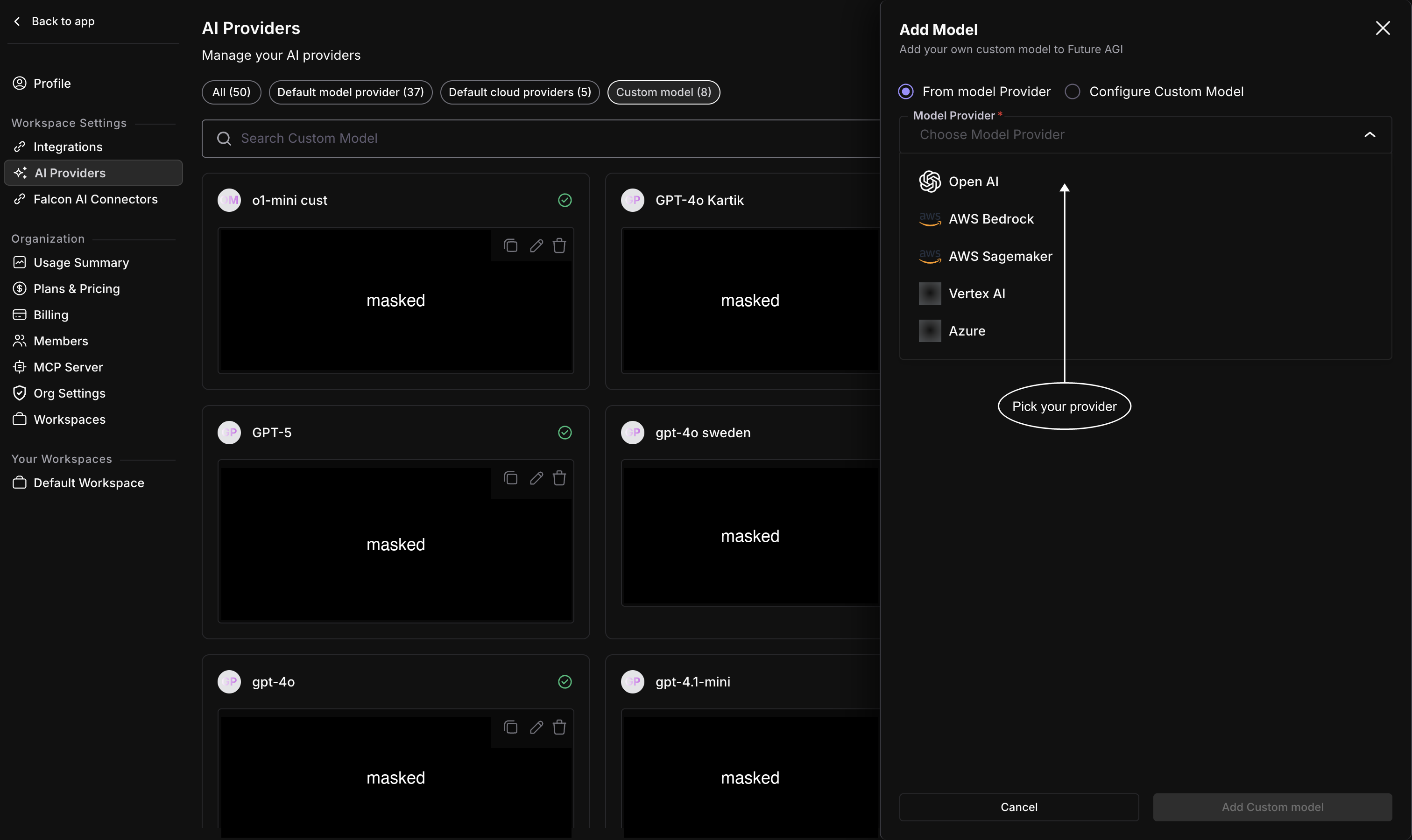 Model Provider dropdown open, listing Open AI, AWS Bedrock, AWS Sagemaker, Vertex AI, and Azure, with a callout pointing at Open AI