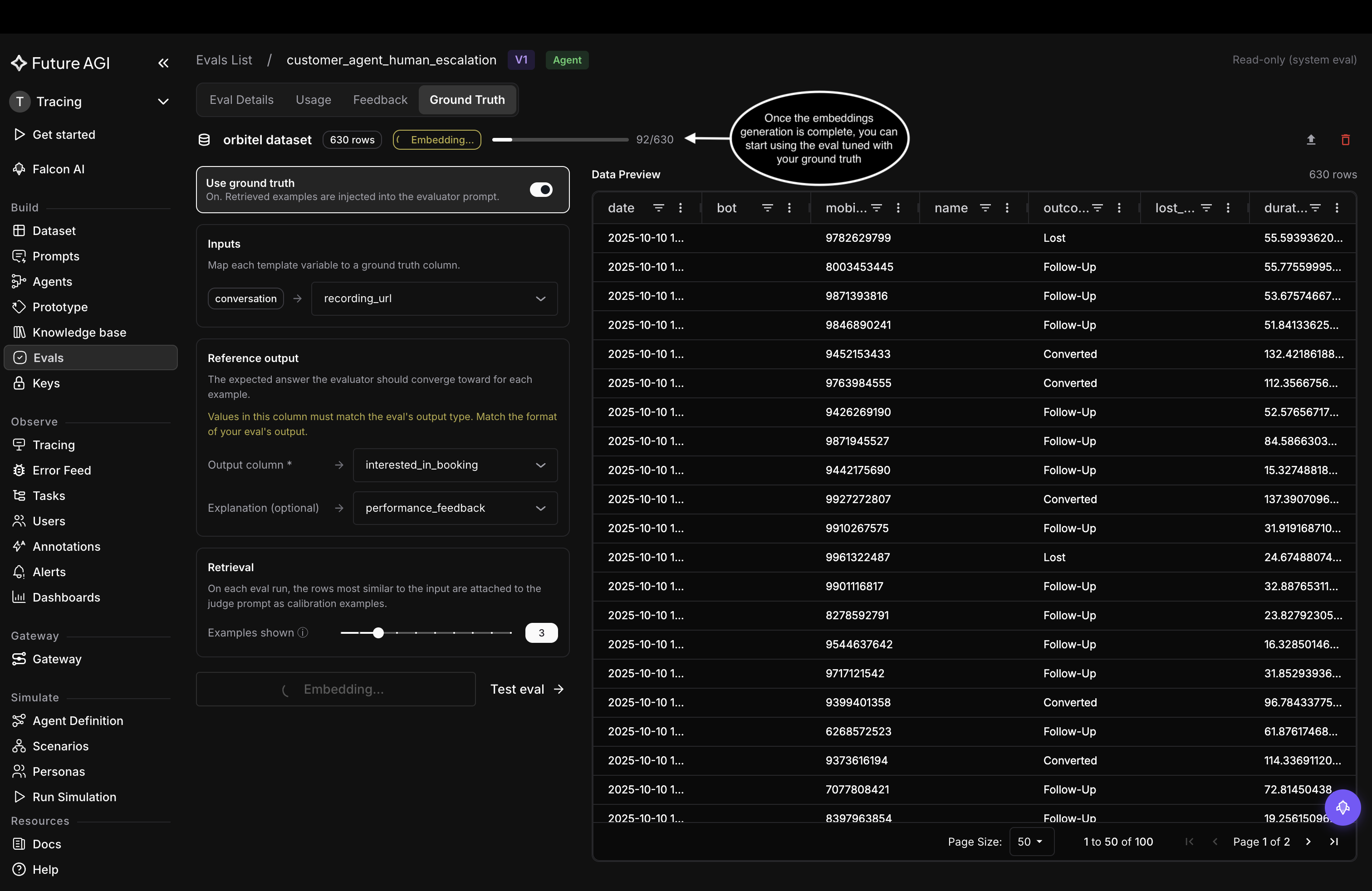 The Ground Truth tab showing an Embedding progress bar on the dataset row while embeddings generate in the background