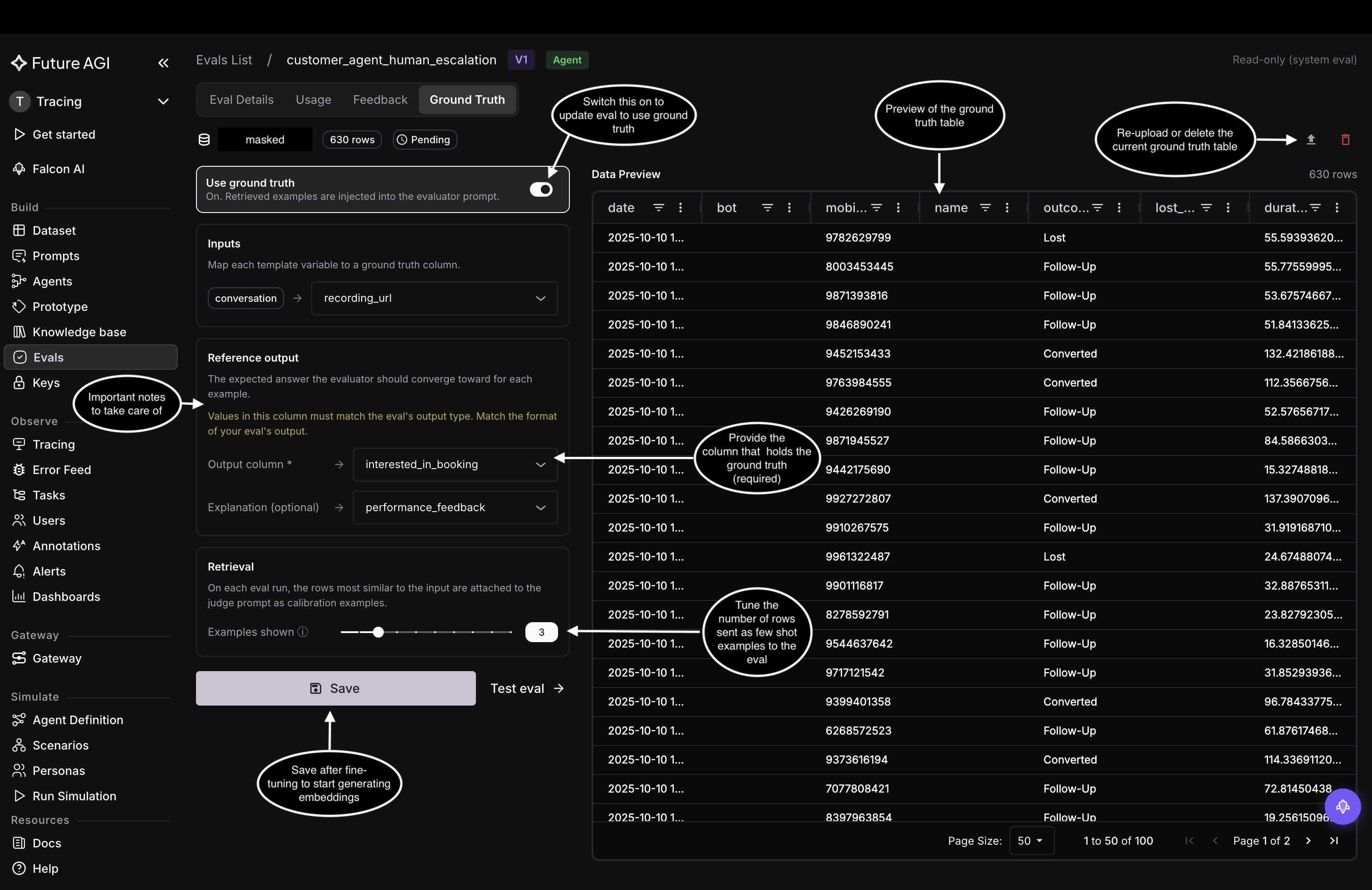 The Ground Truth tab with Use ground truth toggled on, Output column set to interested_in_booking, Explanation set to performance_feedback, and a Save button