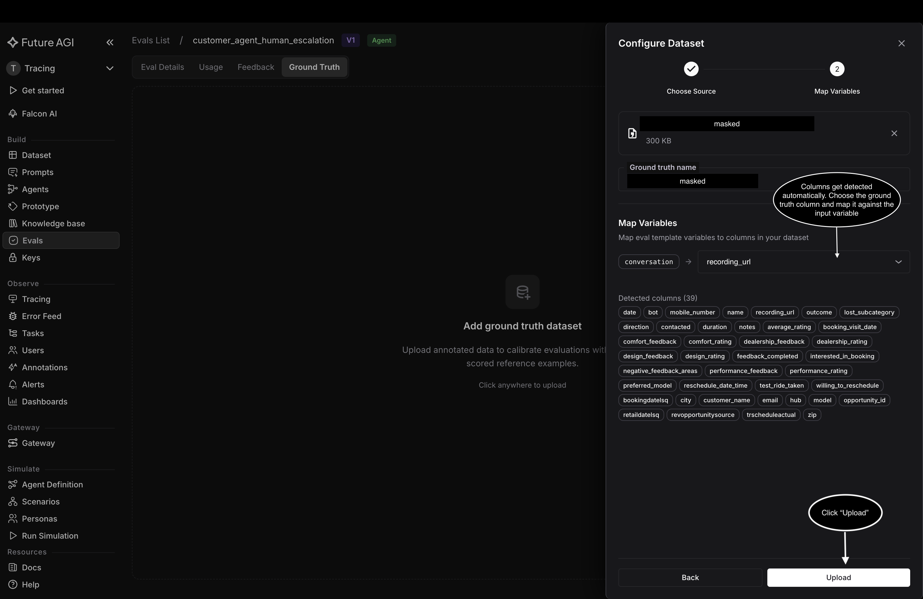 The Configure Dataset step mapping the conversation variable to the recording_url column, with the detected columns listed and an Upload button at the bottom