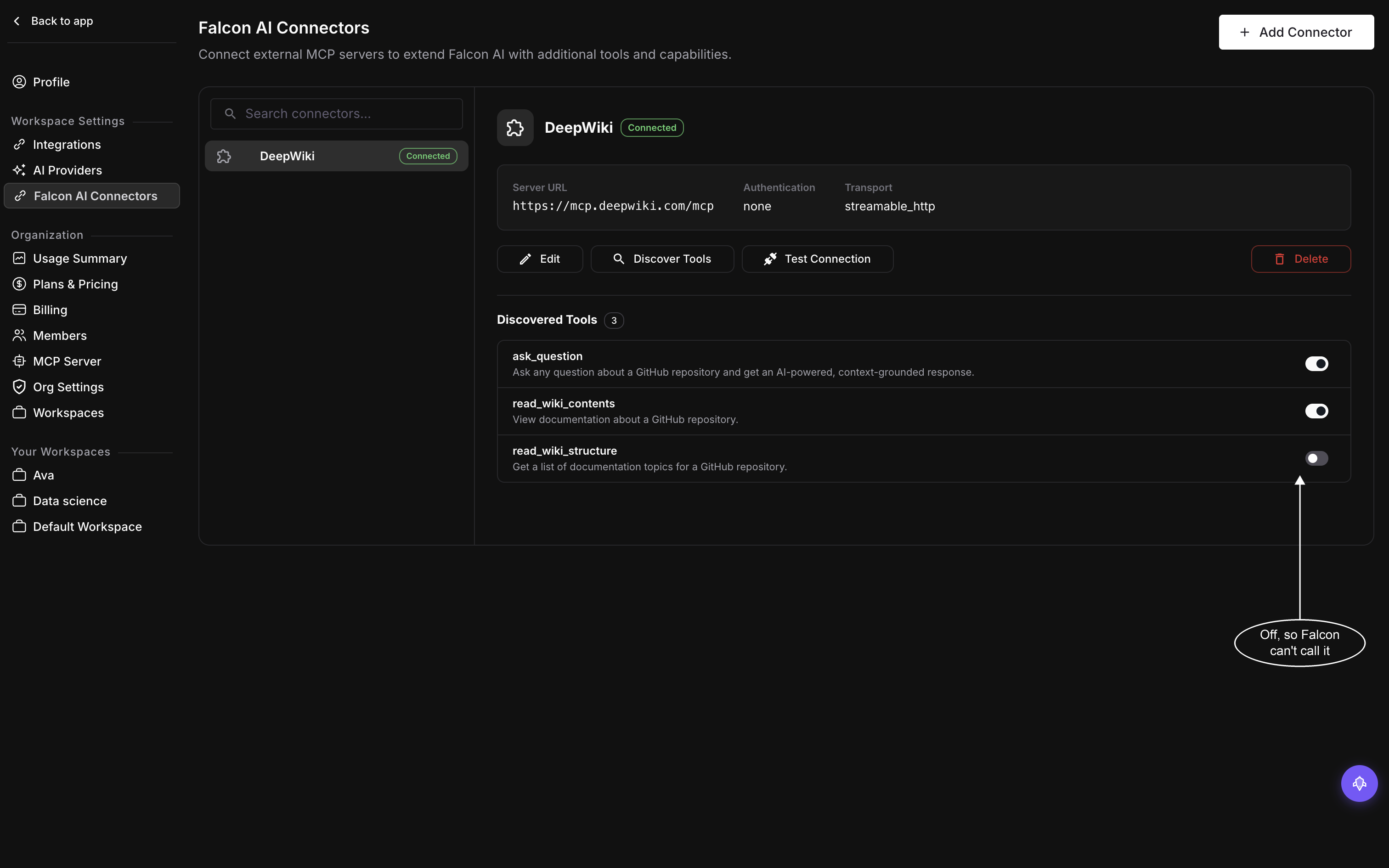 A connected connector's Discovered Tools section listing three tools, the first two switched on and the third switched off