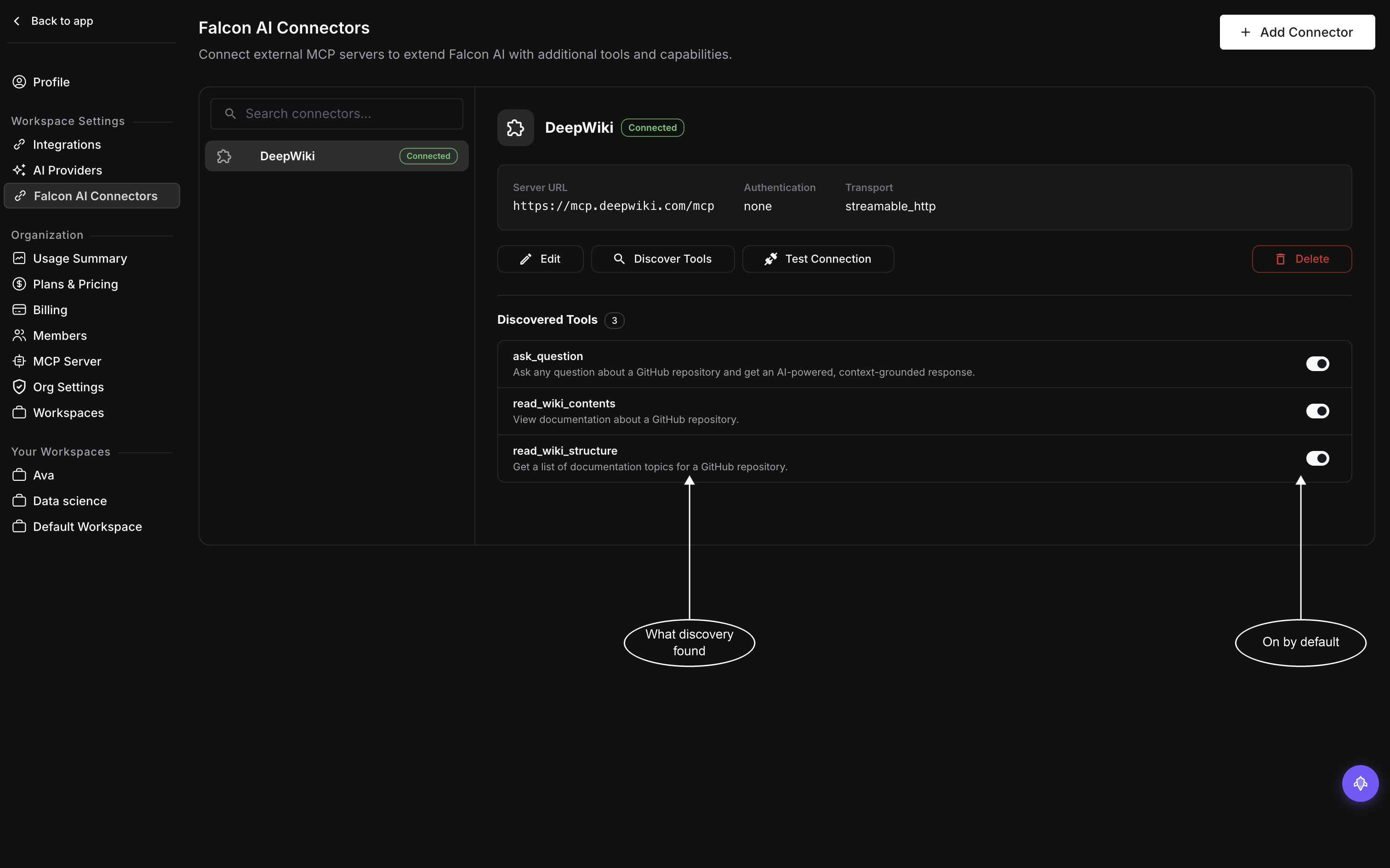 A connected connector's detail pane with the Edit, Discover Tools, Test Connection, and Delete buttons above a Discovered Tools list holding three tools, each with its description and an enabled toggle
