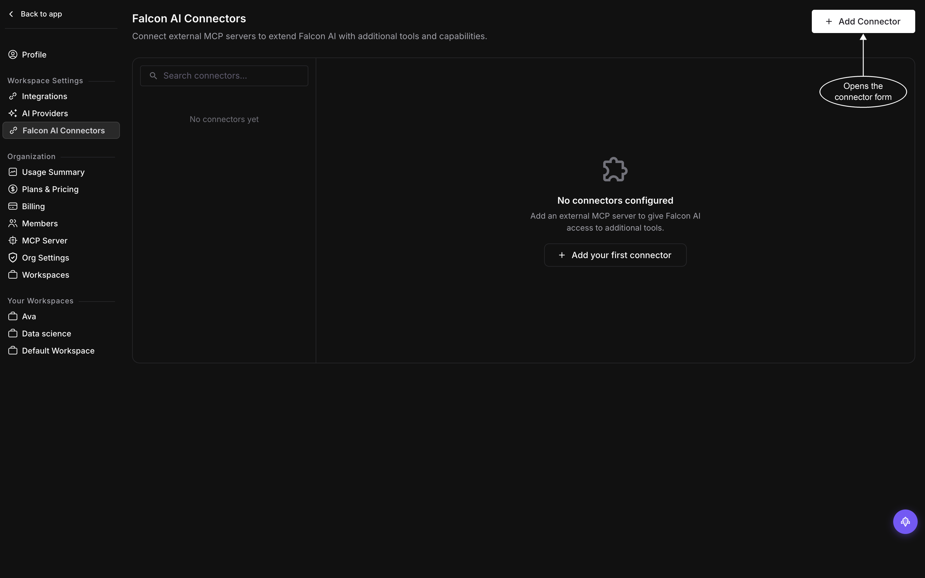 The Falcon AI Connectors settings page with no connectors added, showing the Add Connector button top right and the No connectors configured panel with Add your first connector