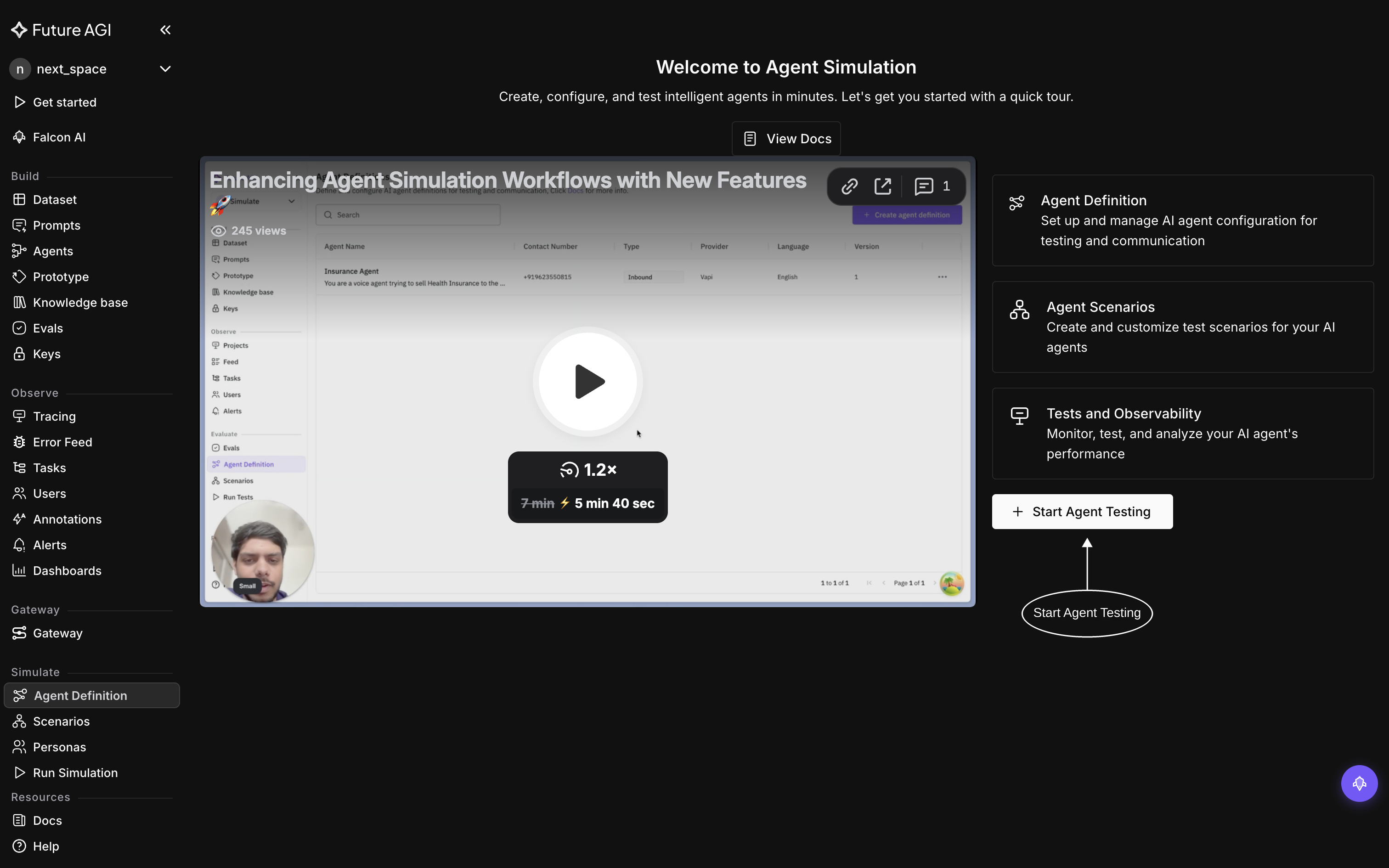 Welcome to Agent Simulation screen with the Start Agent Testing button in Future AGI Simulate